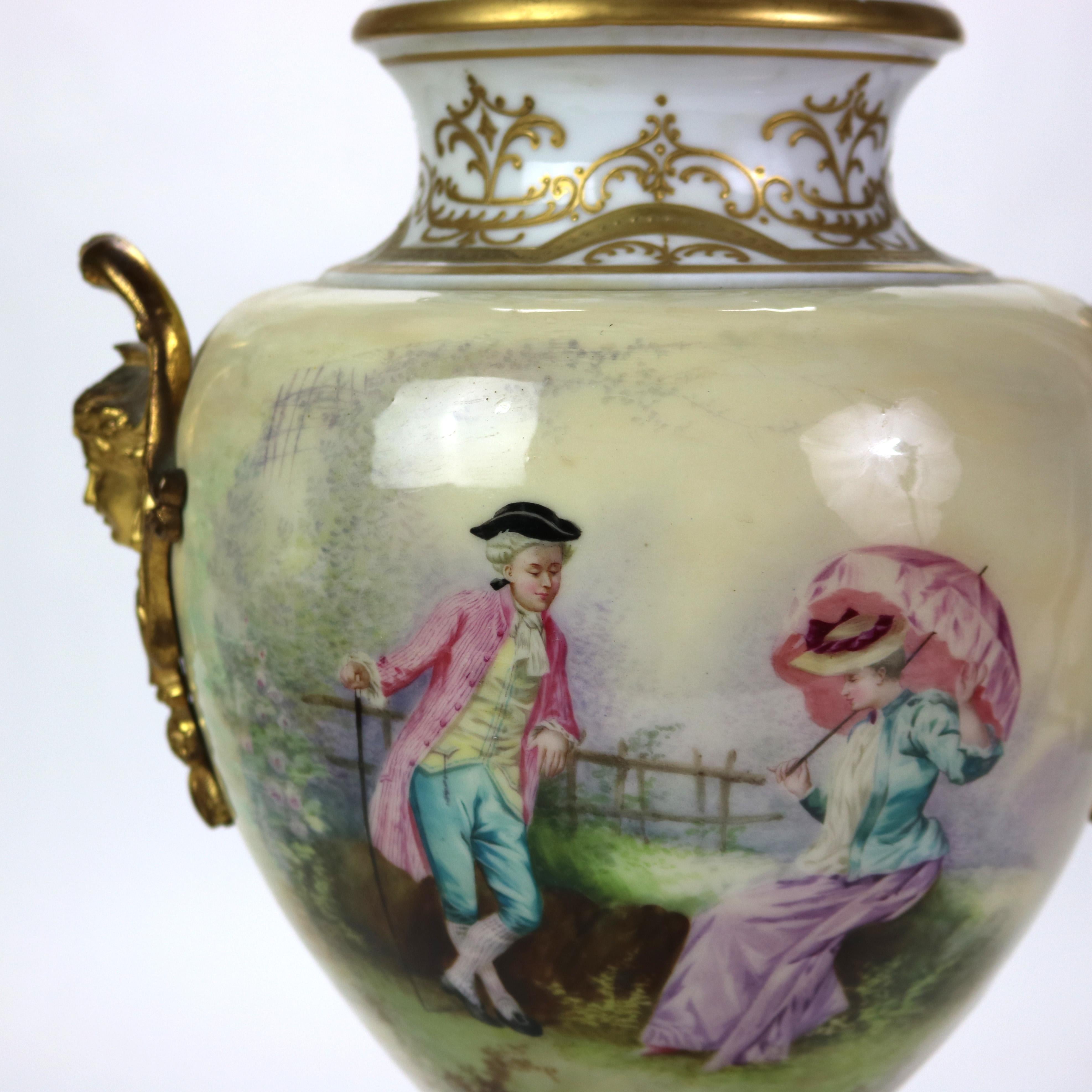 Large Antique Sevres Gilt & Ormolu Scenic Porcelain Lidded Urn Signed C1890 In Good Condition In Big Flats, NY