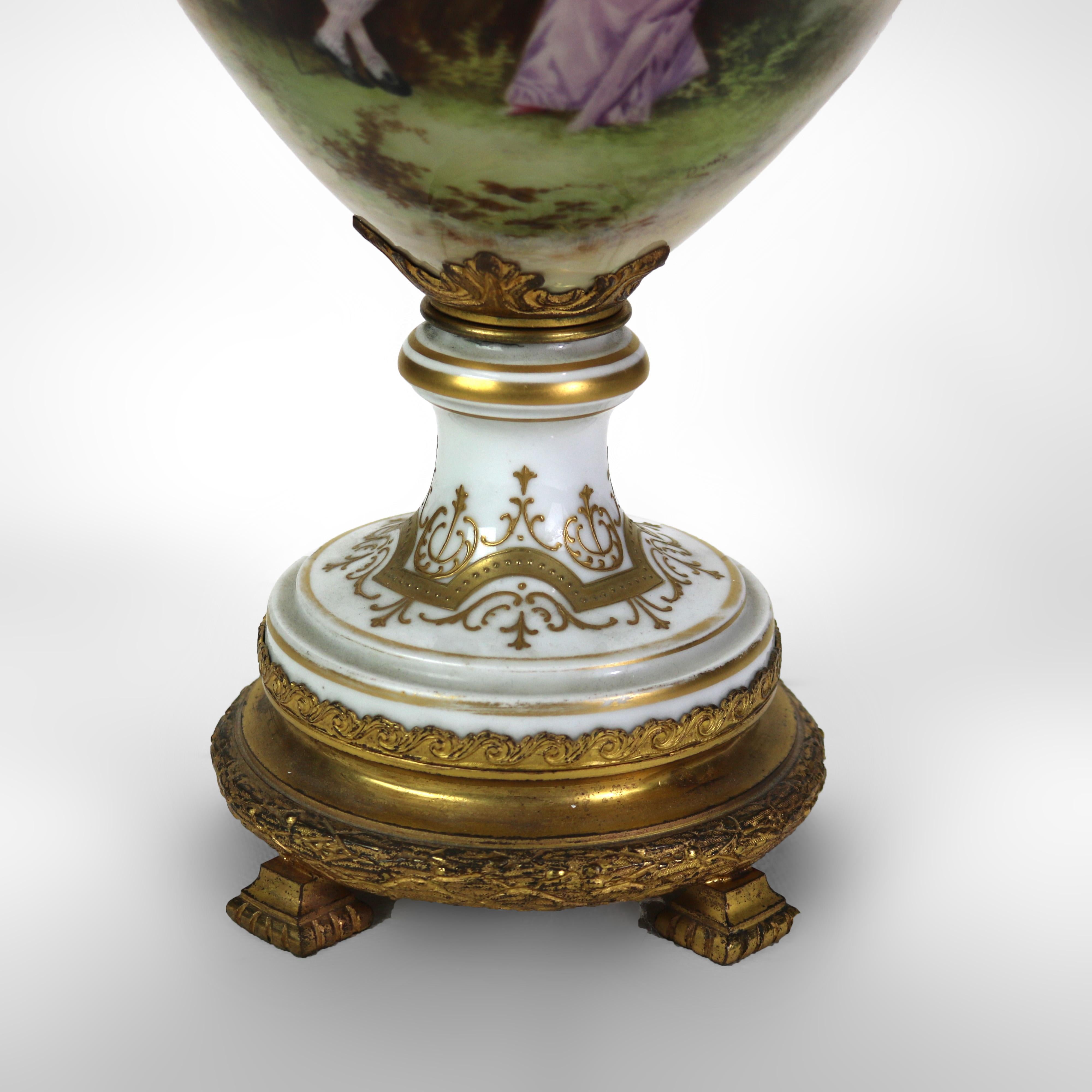 19th Century Large Antique Sevres Gilt & Ormolu Scenic Porcelain Lidded Urn Signed C1890