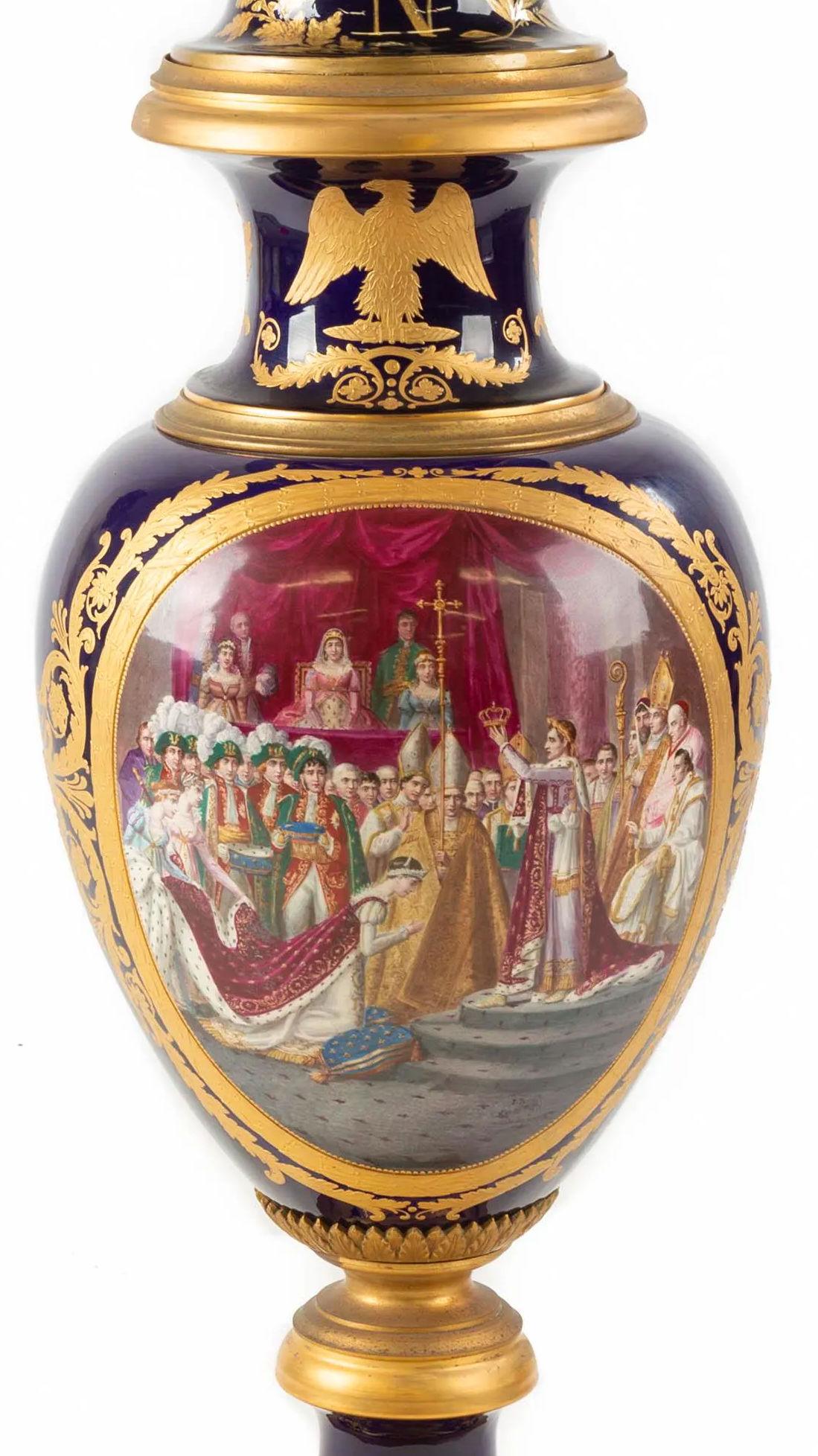 Finest quality French 19th century large antique sevres style Napoleonic vase.
Hand painted depicting Napoleon's Coronation. Signed by the artist after a painting by Jacque David in the Louvre Museum.