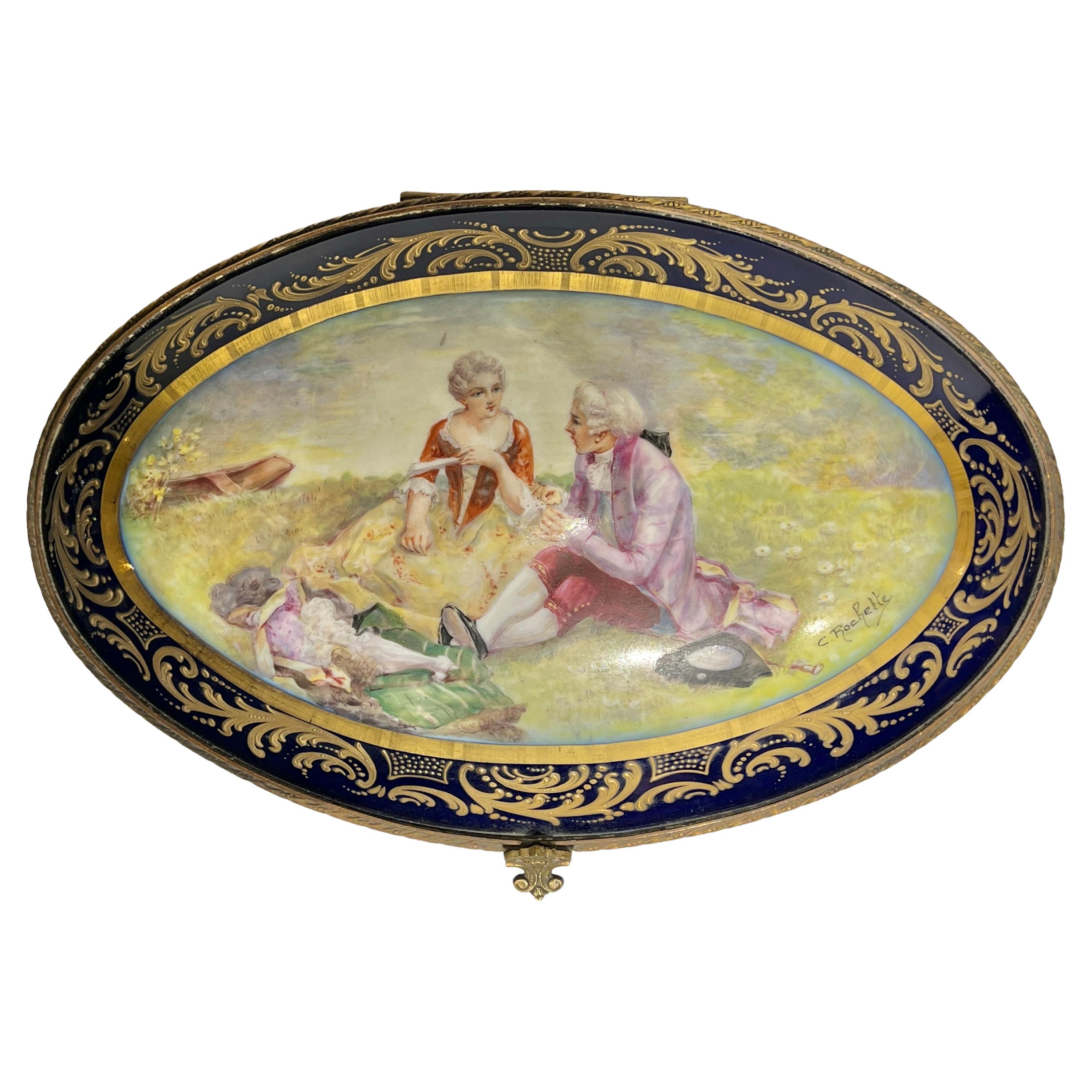 Large Antique Sevres Style Porcelain Dresser Box / Jewelry Casket