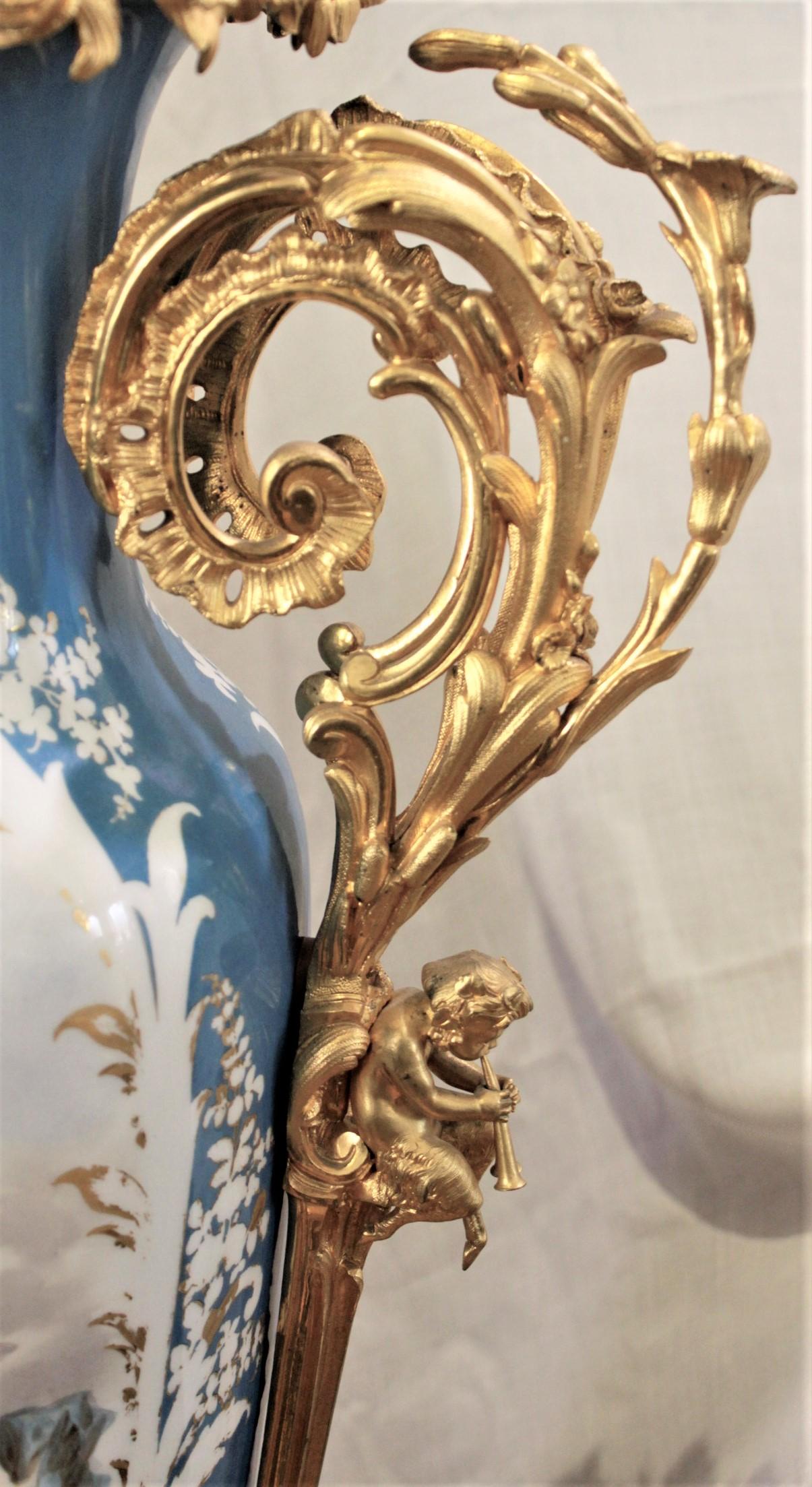 Large Antique Sevres Styled Hand-Painted Porcelain Vase with Gilt Bronze Mounts For Sale 3