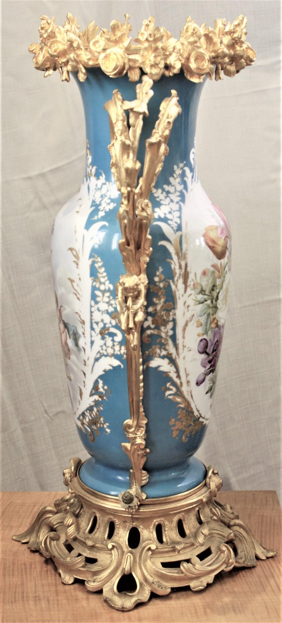 French Large Antique Sevres Styled Hand-Painted Porcelain Vase with Gilt Bronze Mounts For Sale