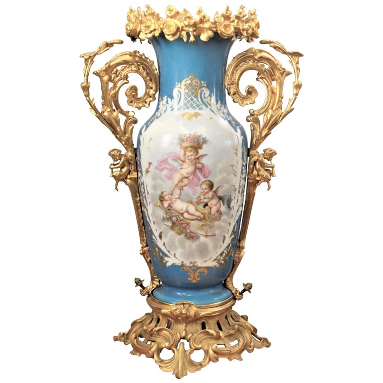 Large Antique Sevres Styled Hand-Painted Porcelain Vase with Gilt Bronze  Mounts For Sale at 1stDibs