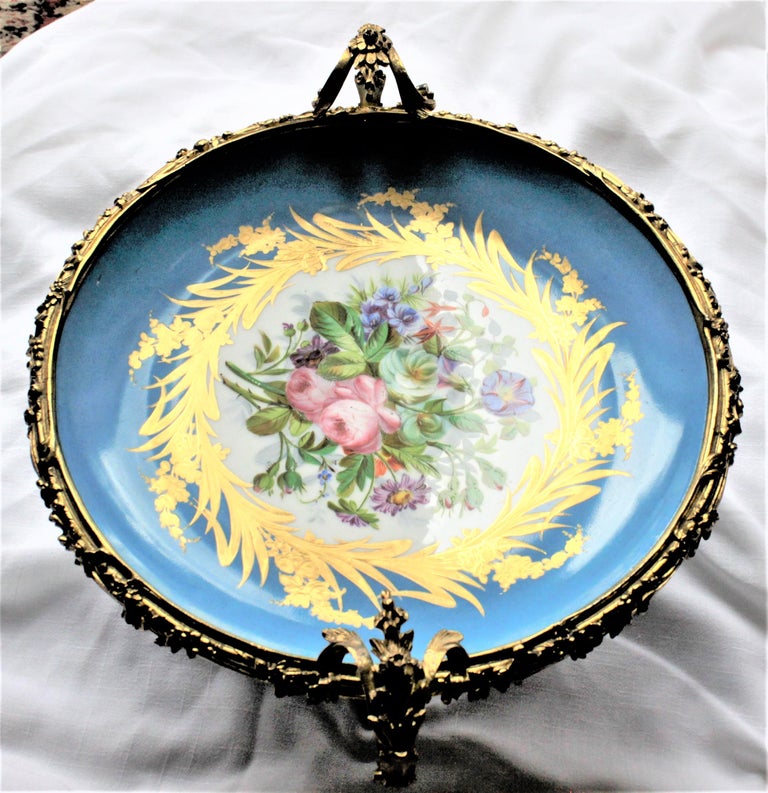 Large Antique Sevres Styled Turquoise Centerpiece Bowl with Gilt Bronze