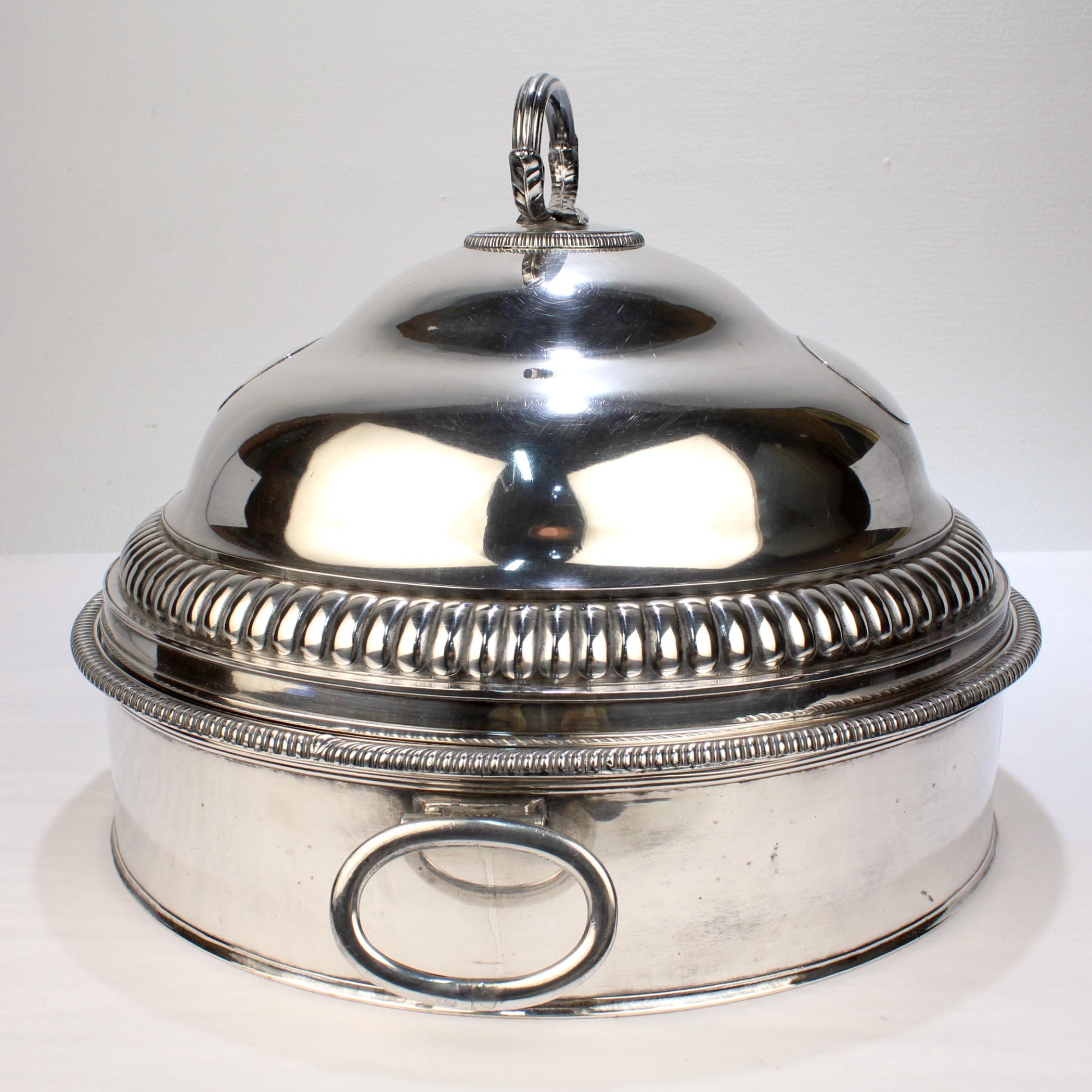 Large Antique Sheffield Silver Plate Divided Serving Tureen & Dome Cover In Good Condition For Sale In Philadelphia, PA