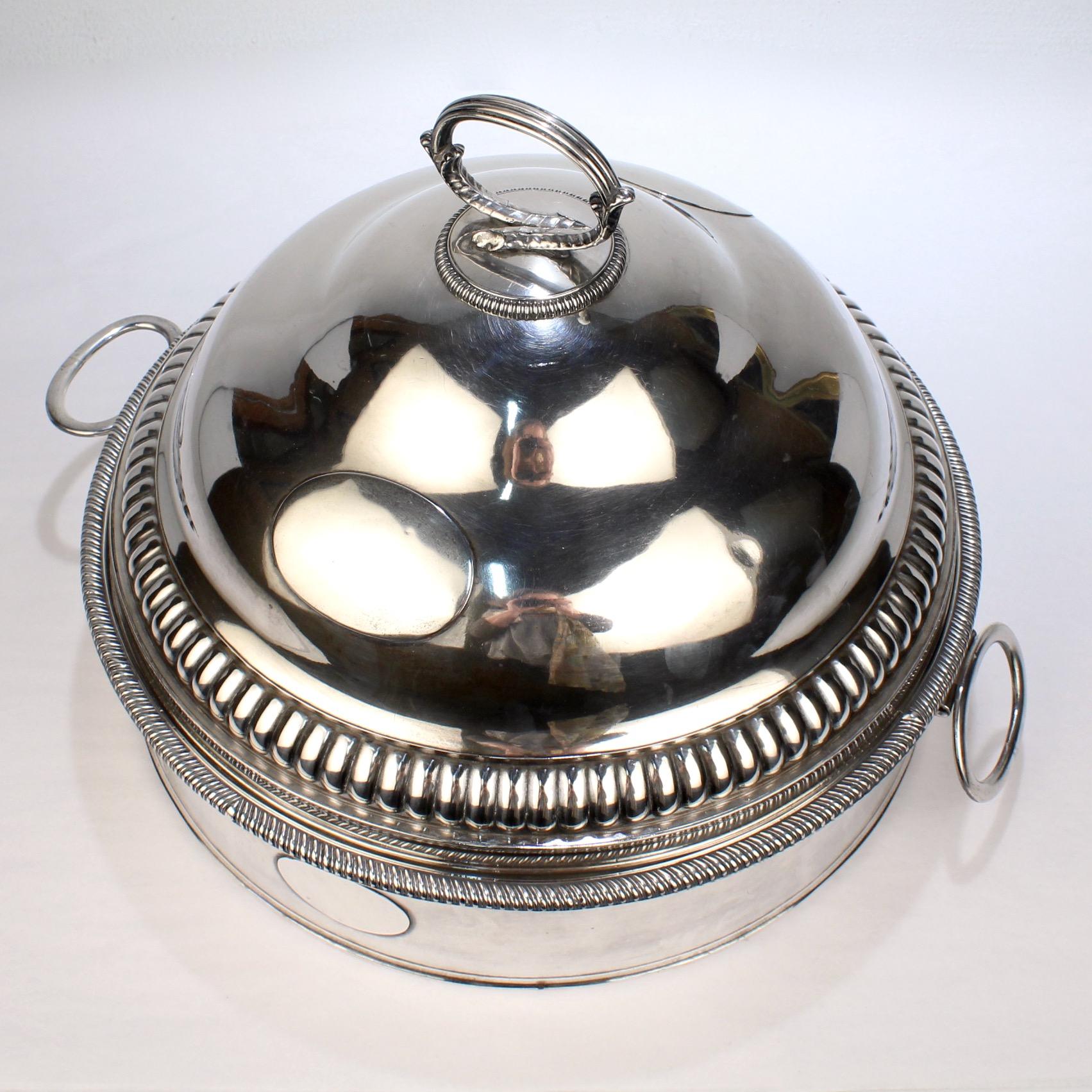 Women's or Men's Large Antique Sheffield Silver Plate Divided Serving Tureen & Dome Cover For Sale