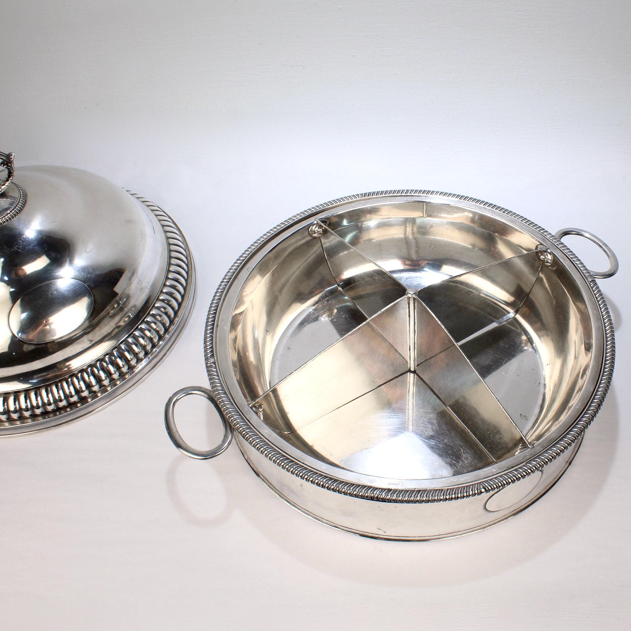 Large Antique Sheffield Silver Plate Divided Serving Tureen & Dome Cover For Sale 1