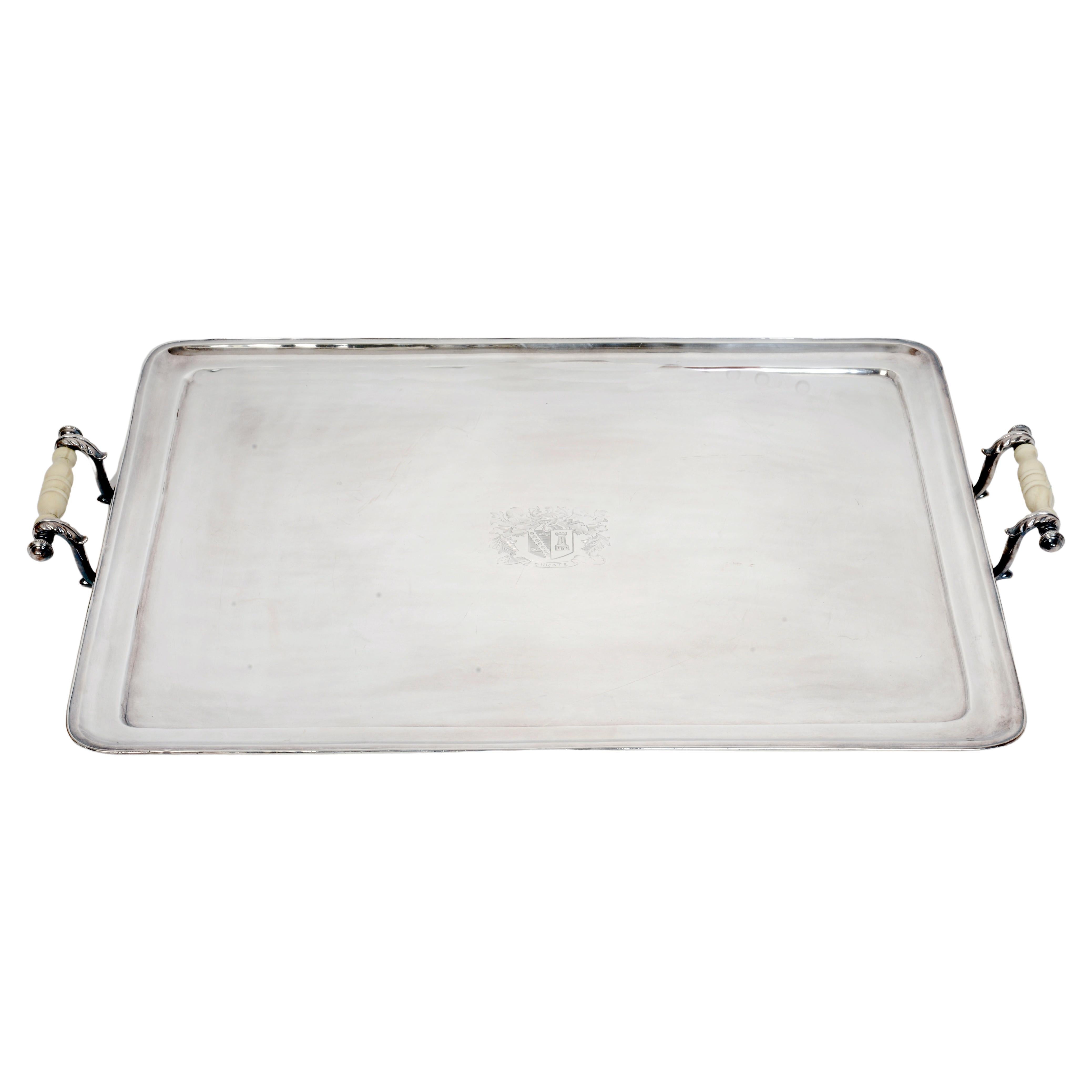 Large Antique Sheffield Tray with Armorial Engraving and Bone Handles c1800 For Sale