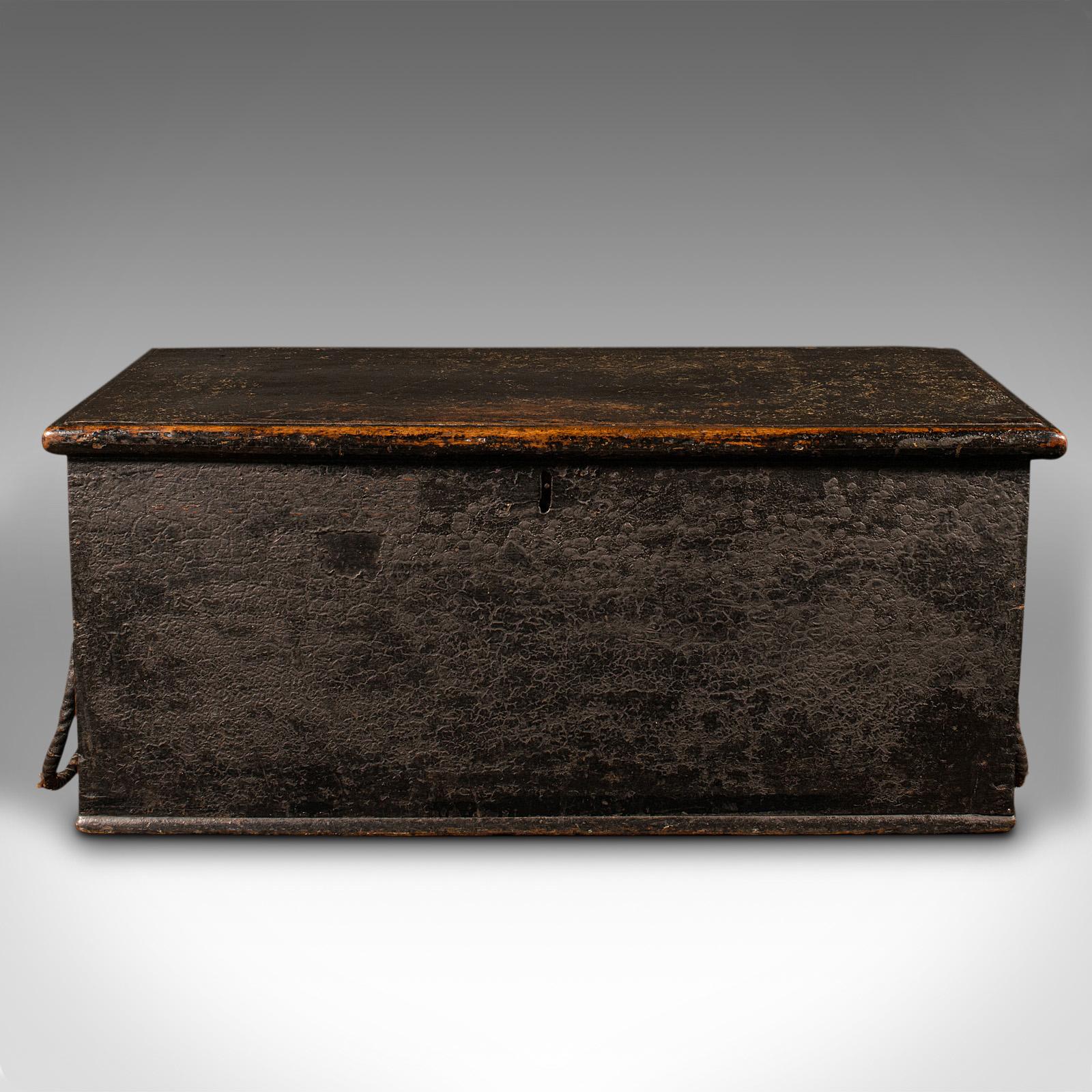 Early Victorian Large Antique Ship's Chest, English, Ebonised Pine, Workman's Trunk, Victorian For Sale