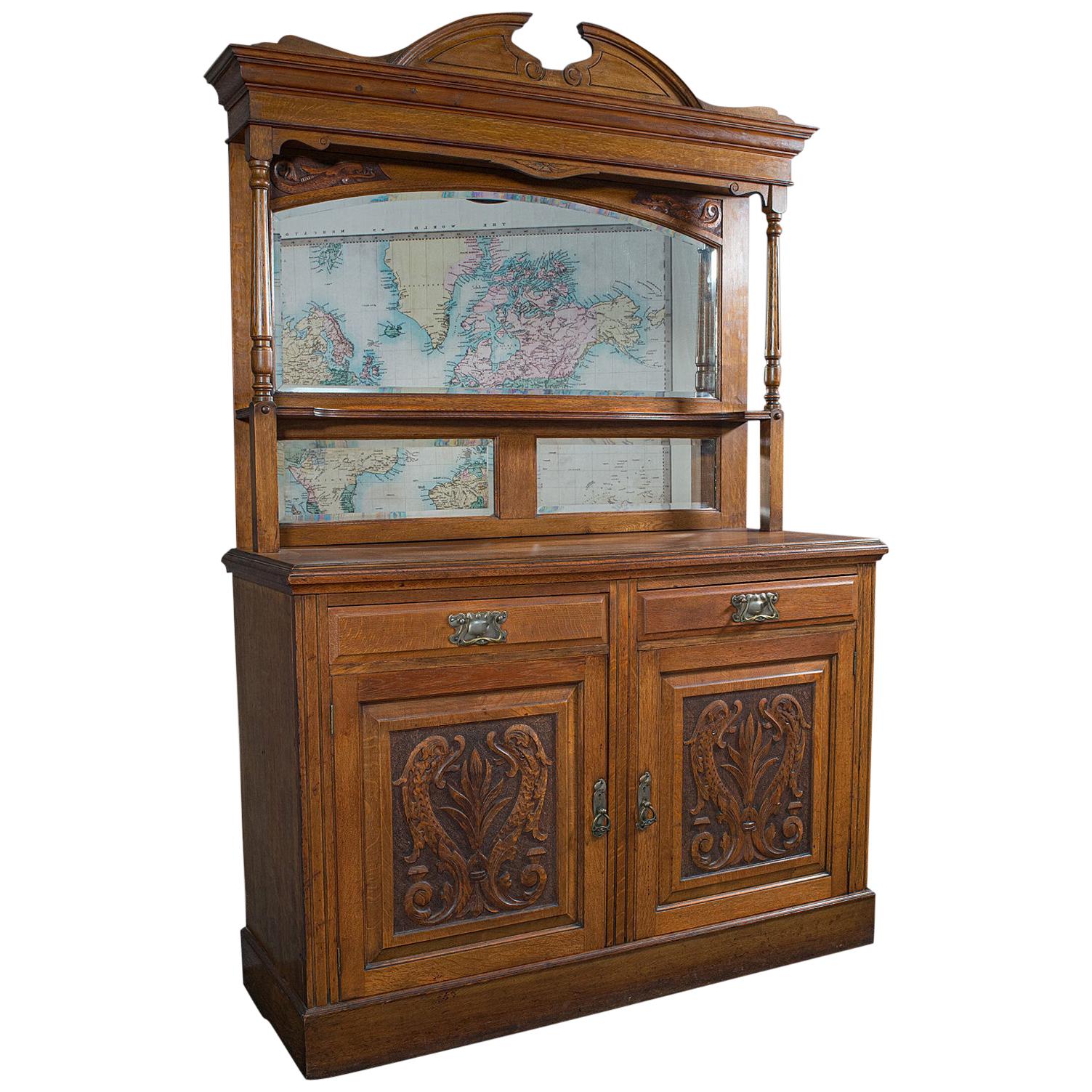 Grand buffet ancien anglais, chêne, miroir, armoire, Arts & Crafts, victorien