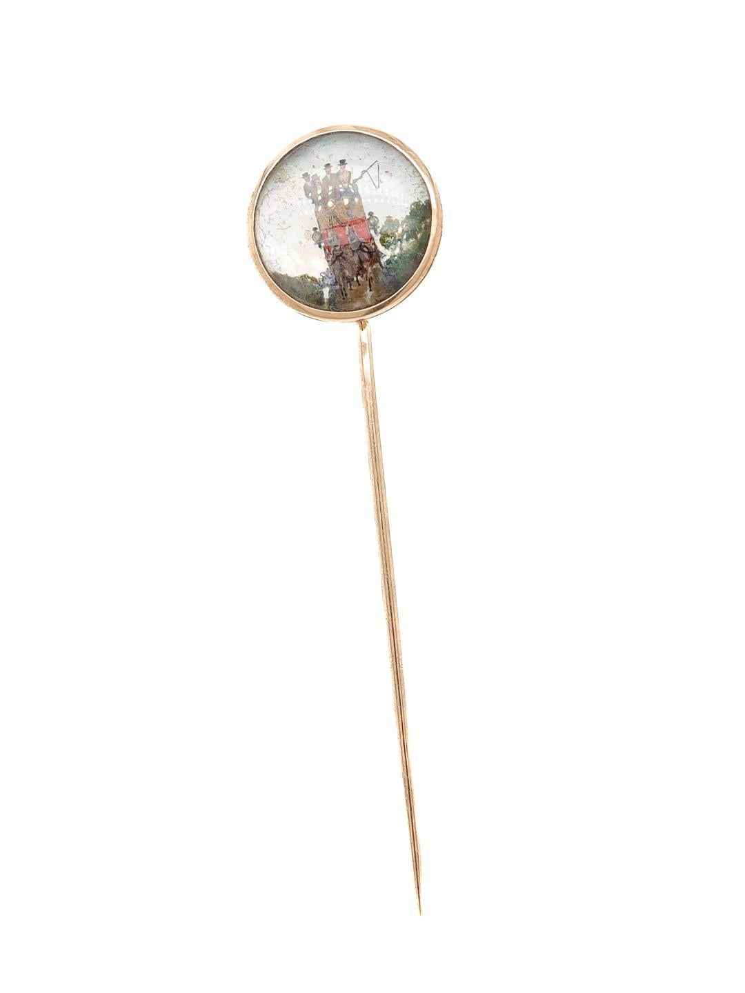 Women's or Men's Large Antique Signed 14k Gold Essex Crystal Stickpin of a Stagecoach or Carriage For Sale
