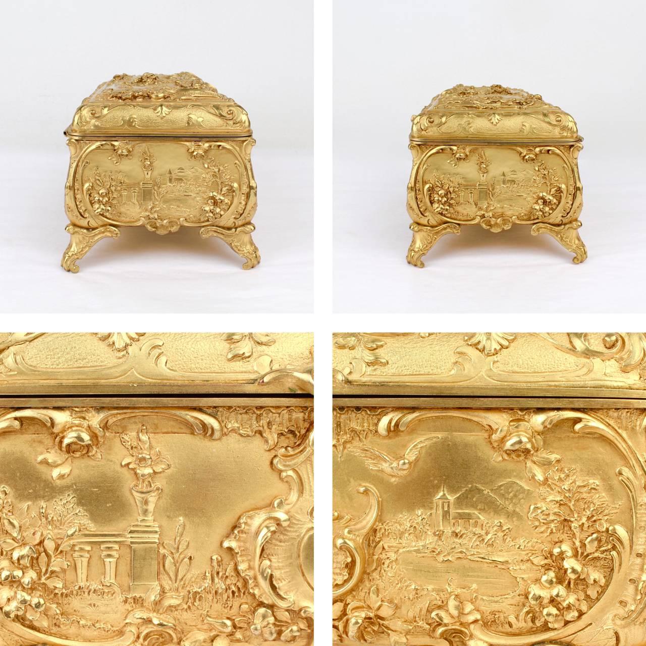 Rococo Revival Large Antique Signed Gilt Doré Bronze Casket or Box with Landscape Scenes