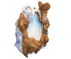 Large Antique Signed Italian Terracotta Cherubs Sundial Fountain Wall Plaque