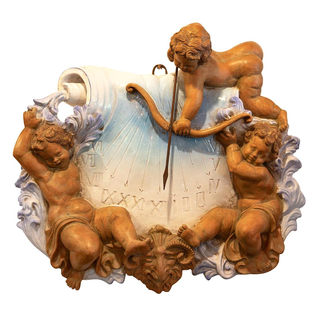 Large Antique Signed Italian Terracotta Cherubs Sundial Fountain Wall Plaque For Sale