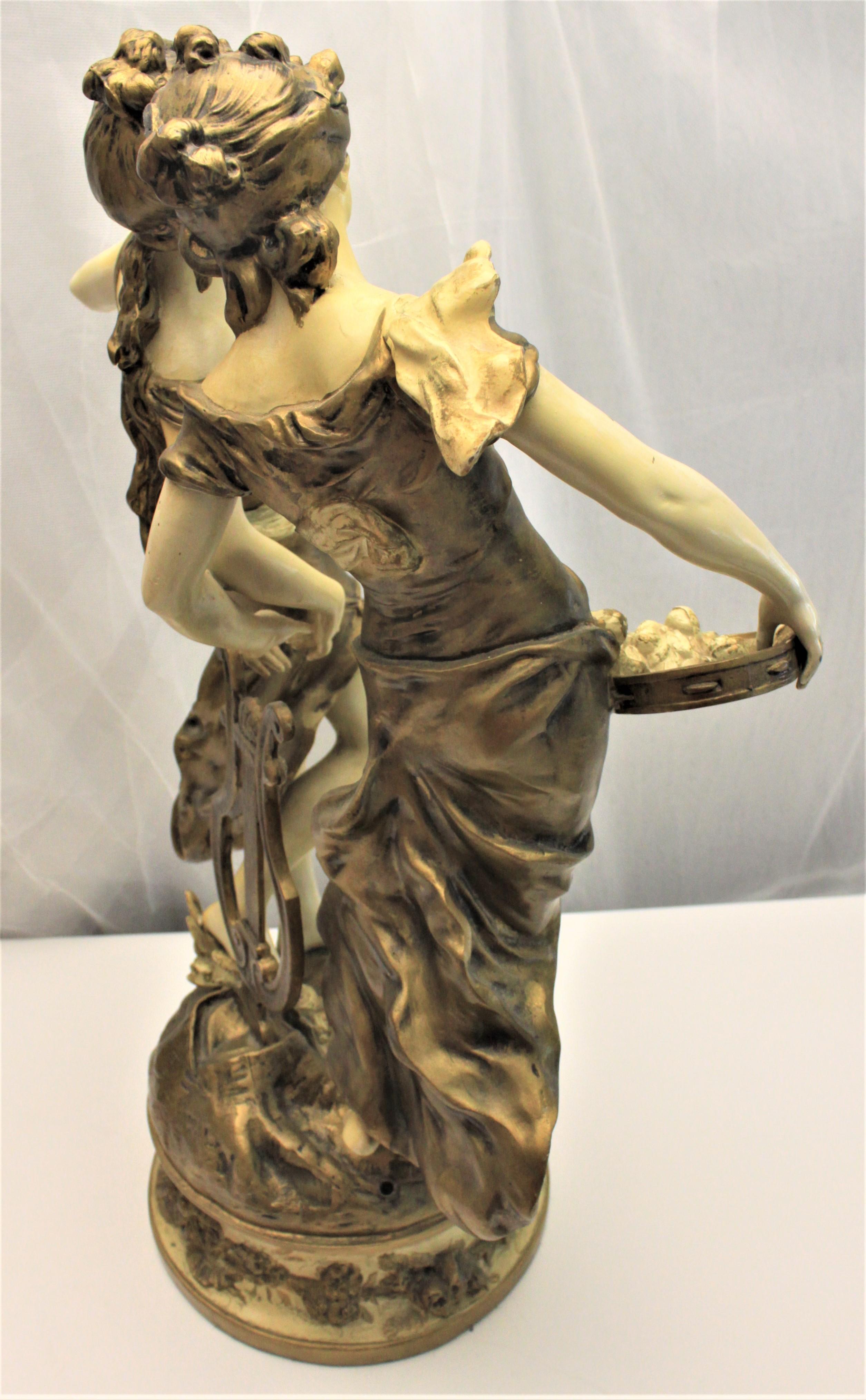 Neoclassical Revival Large Antique Signed Moreau Cast and Cold Painted Sculpture of Dancing Women