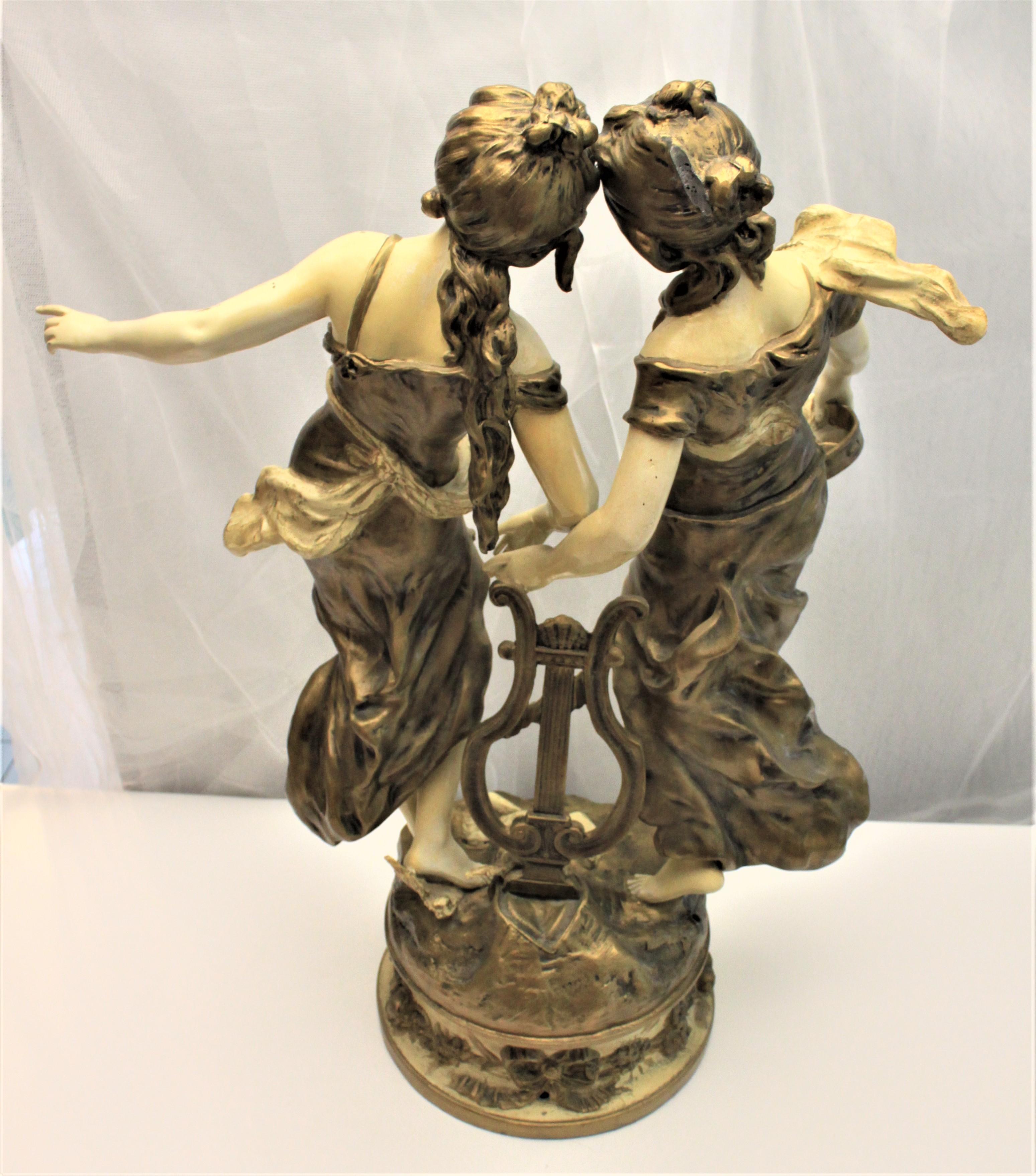 French Large Antique Signed Moreau Cast and Cold Painted Sculpture of Dancing Women