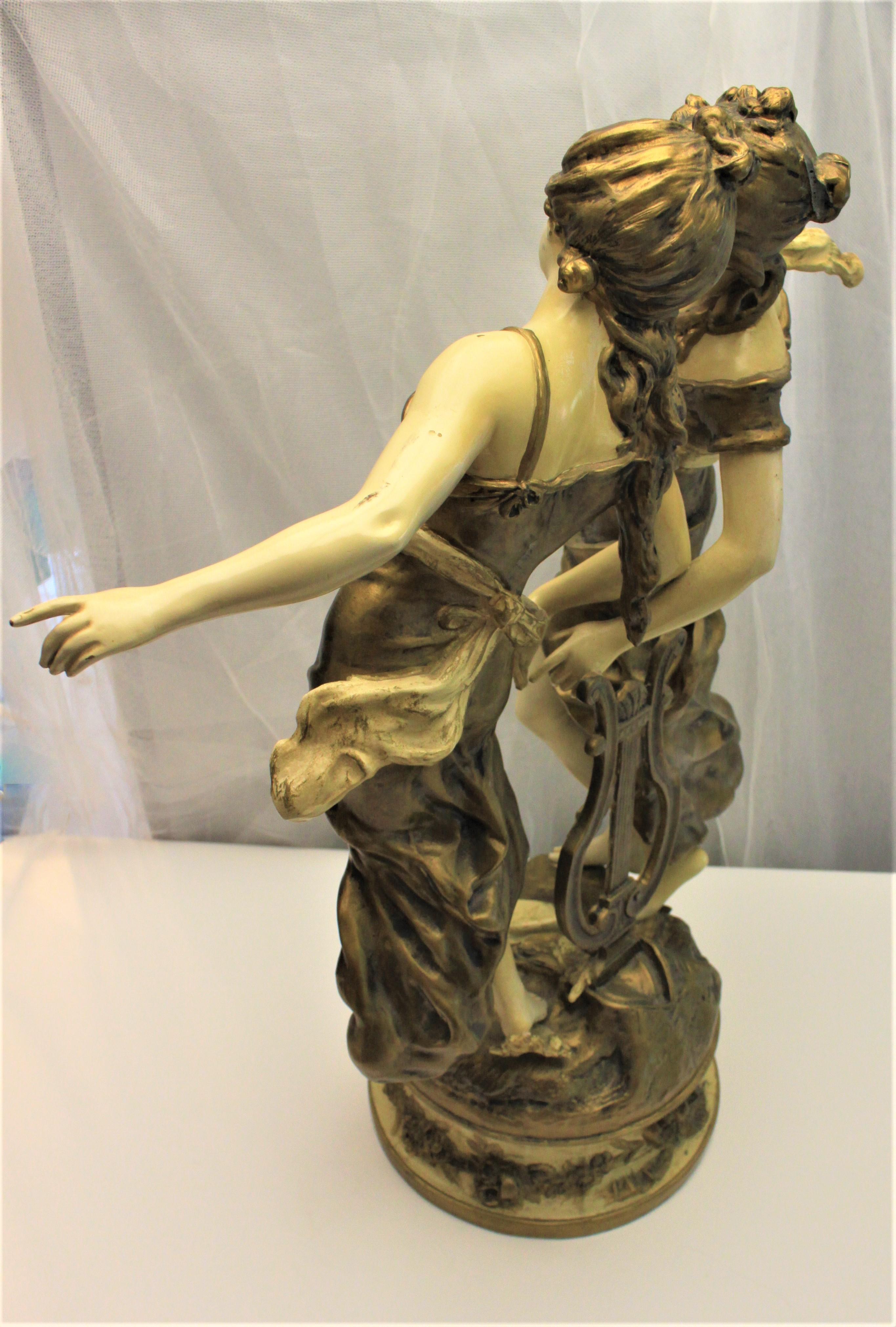 Large Antique Signed Moreau Cast and Cold Painted Sculpture of Dancing Women In Good Condition In Hamilton, Ontario