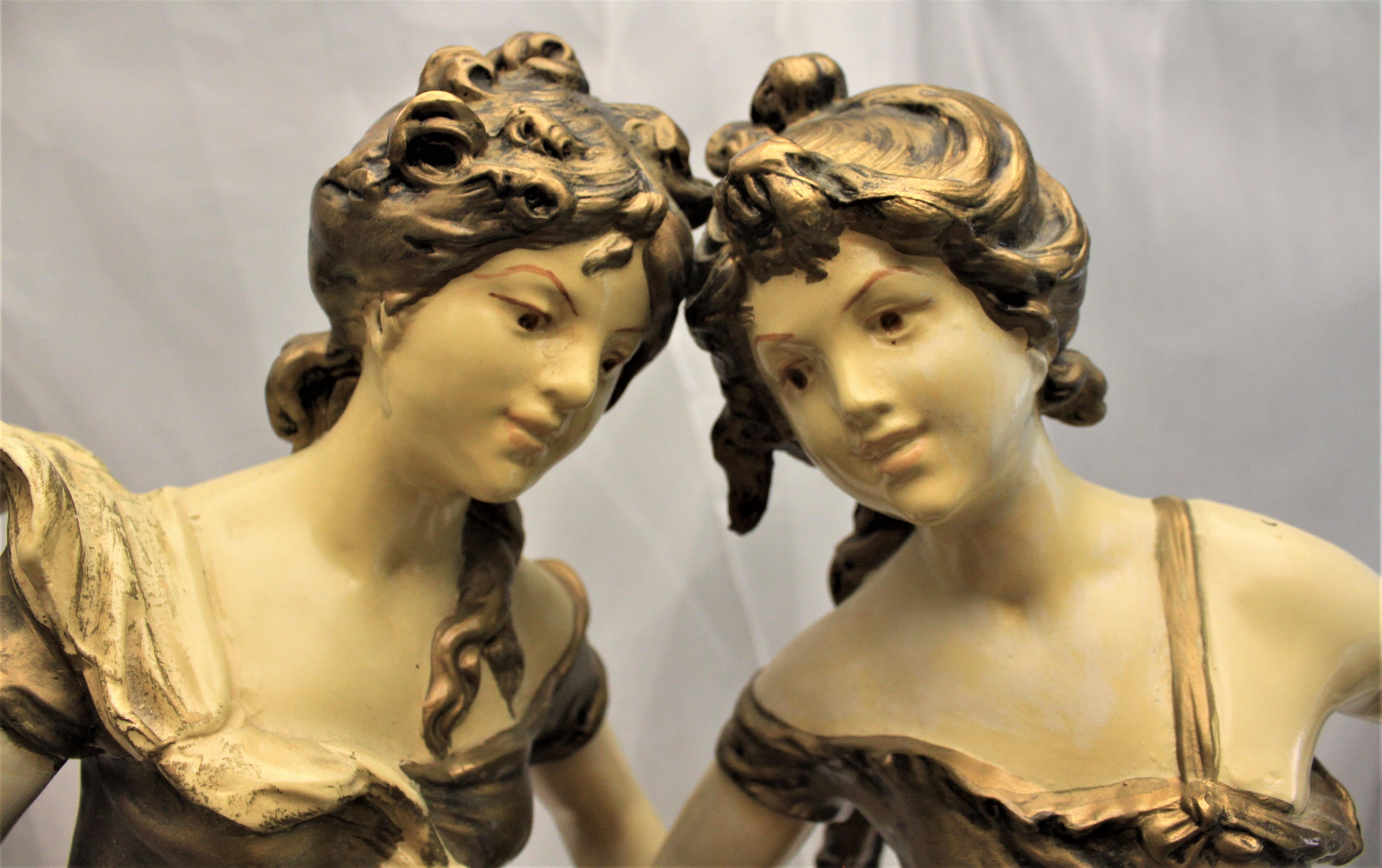 20th Century Large Antique Signed Moreau Cast and Cold Painted Sculpture of Dancing Women