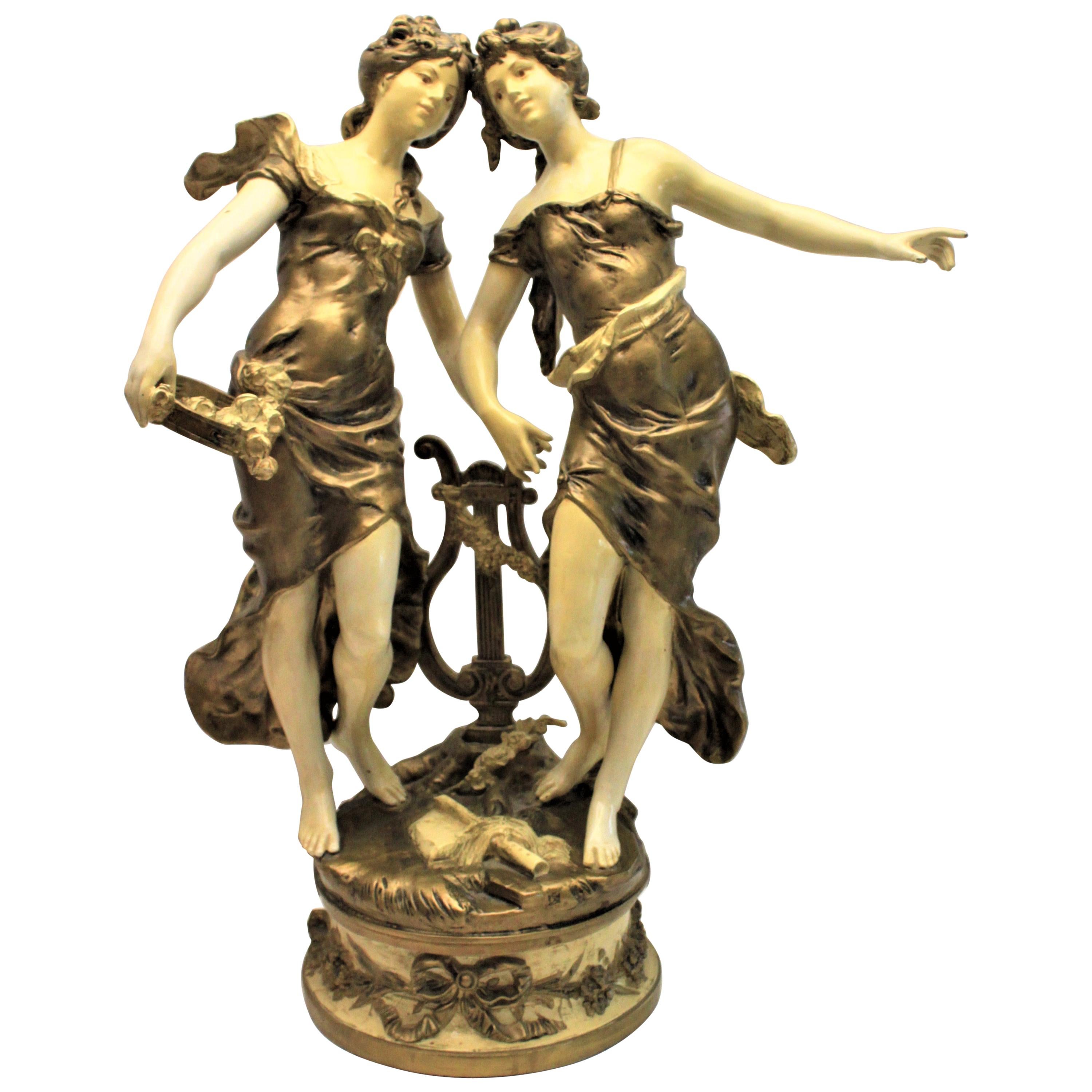 Large Antique Signed Moreau Cast and Cold Painted Sculpture of Dancing Women