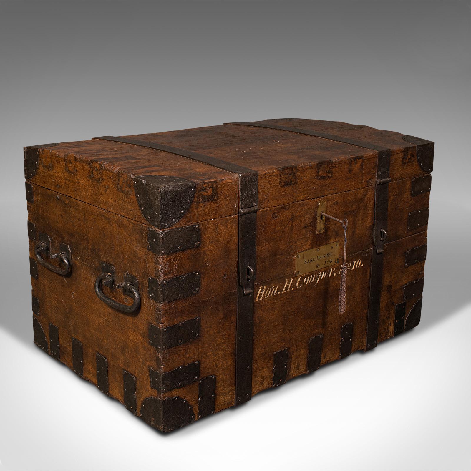 This is a large antique silver chest. An English, oak and cast iron bound campaign trunk, dating to the mid Victorian period, circa 1850.

Thomas de Grey, the second Earl de Grey (1781 - 1859) was a Tory politician in 19th century Britain. His