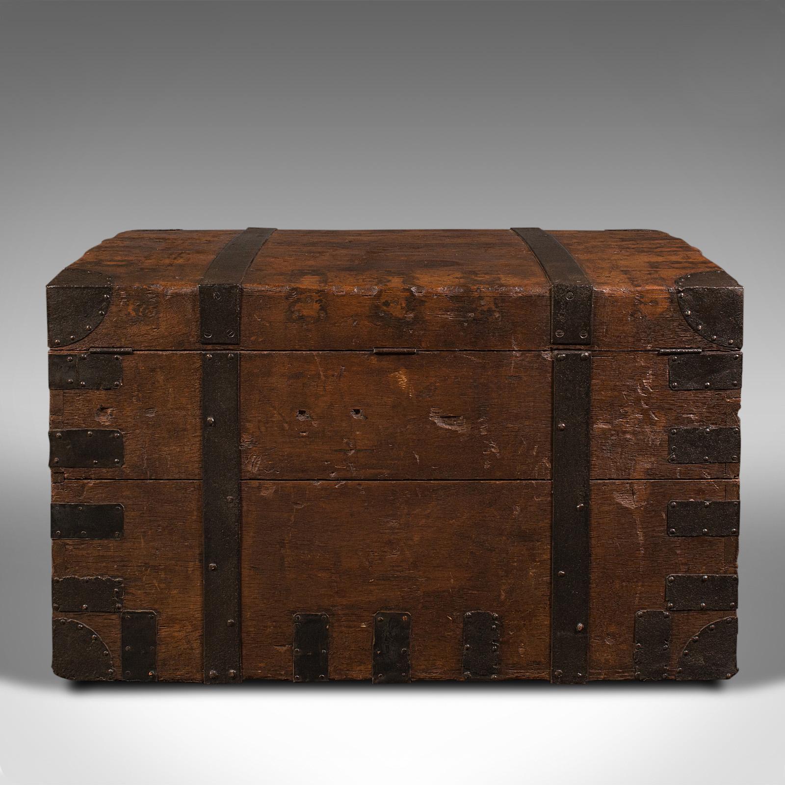 British Large Antique Silver Chest, English, Oak, Iron Bound, Campaign Trunk, Victorian For Sale