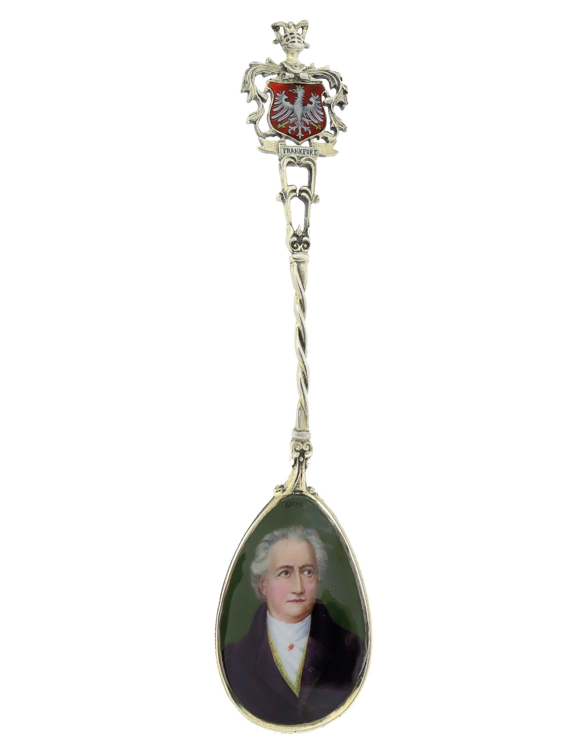 Neorococò Grande cucchiaio da souvenir antico in argento e smalto con ritratto di Goethe a Francoforte in vendita