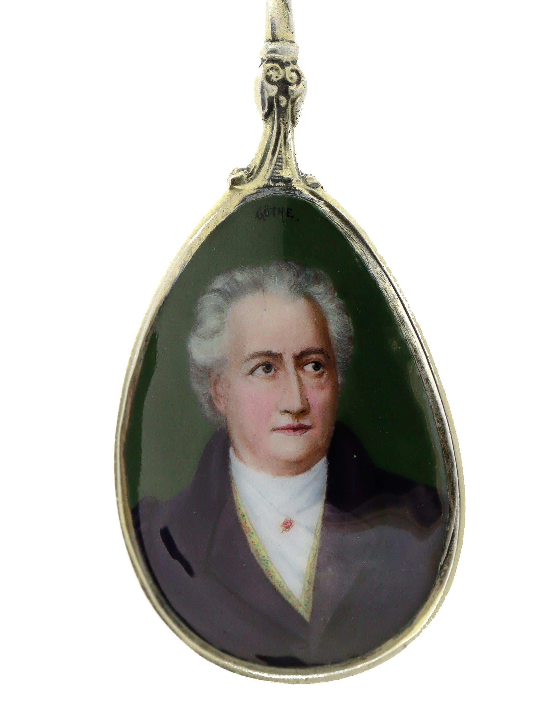 Tedesco Grande cucchiaio da souvenir antico in argento e smalto con ritratto di Goethe a Francoforte in vendita