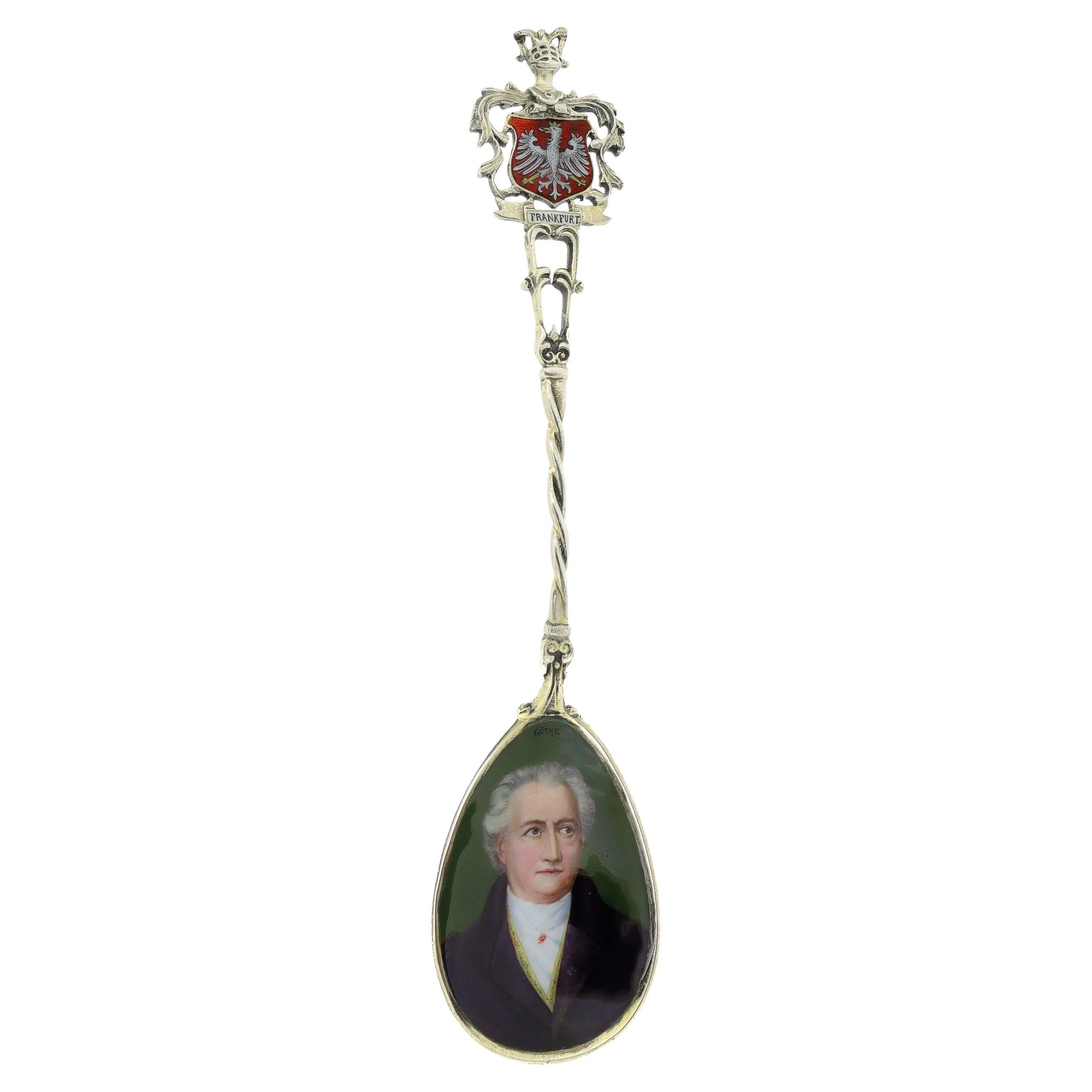 Large Antique Silver & Enamel Goethe Portrait Frankfurt Souvenir Spoon