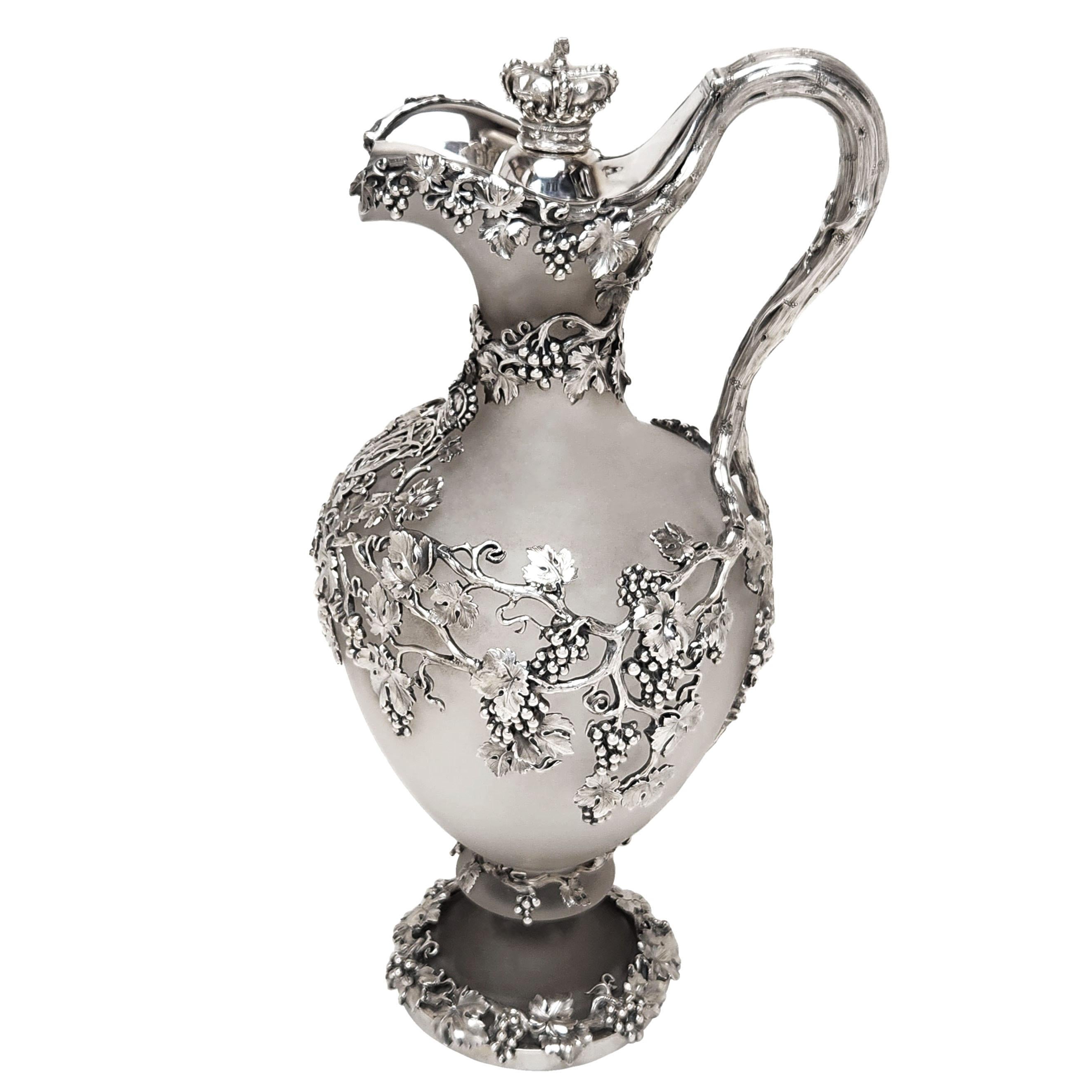 Victorian Large Antique Silver & Glass Claret Jug / Wine Ewer London, England 1843 For Sale