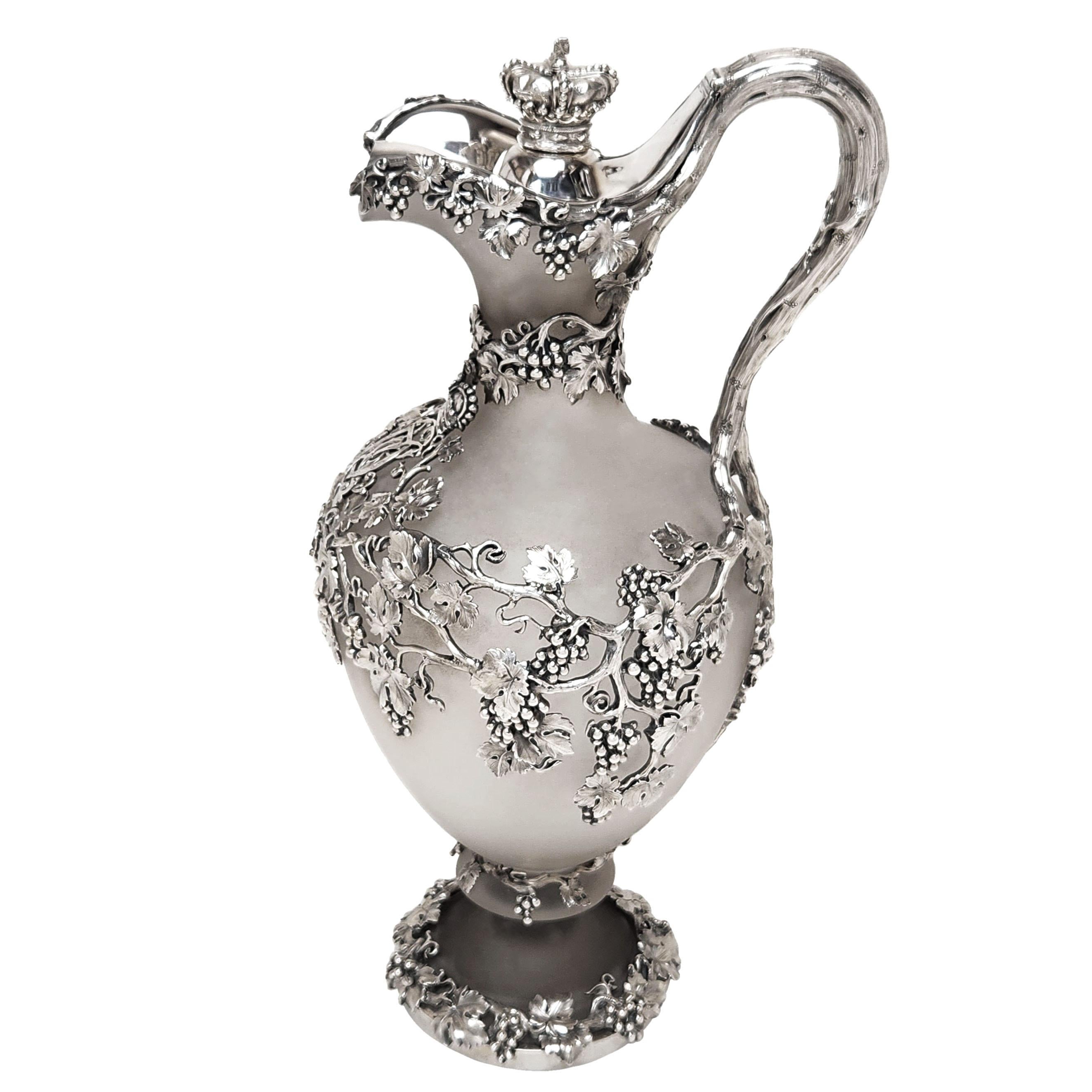 Gran jarra de clarete antigua de plata y cristal Londres, Inglaterra 1843 Victoriano en venta