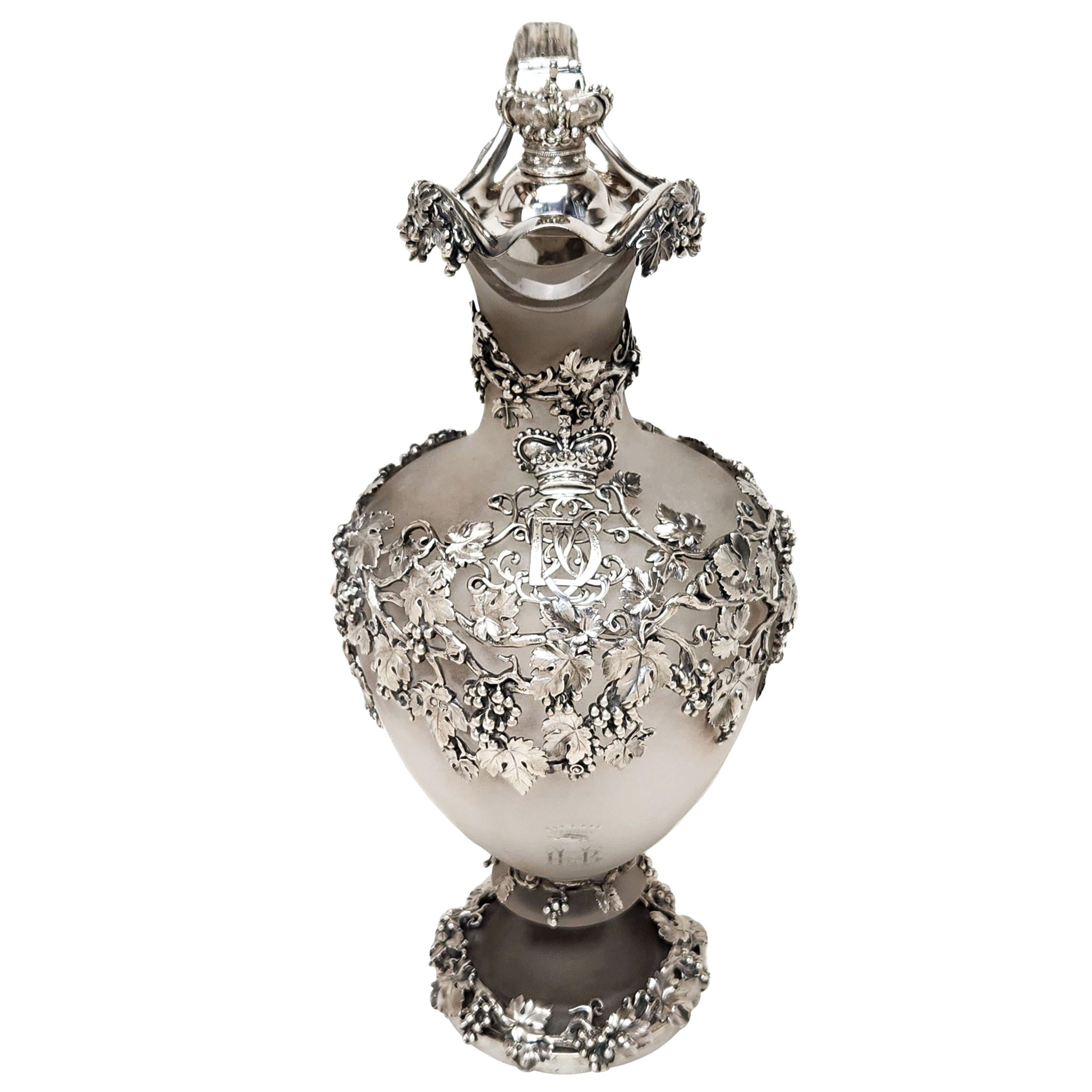English Large Antique Silver & Glass Claret Jug / Wine Ewer London, England 1843 For Sale
