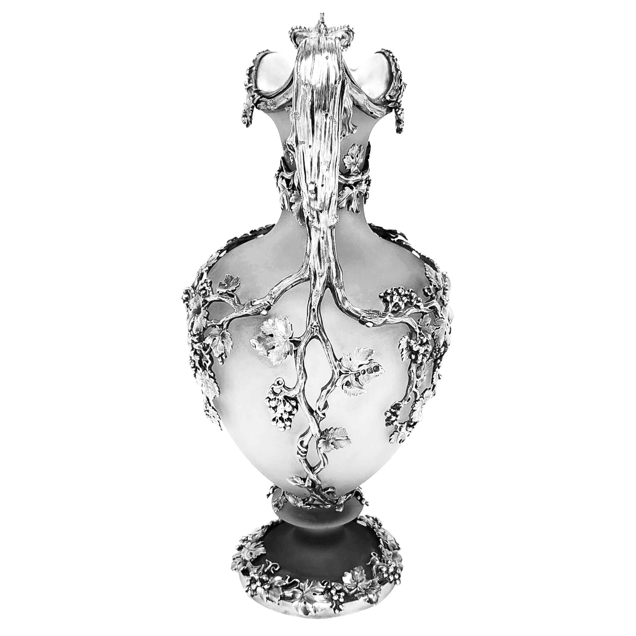 19th Century Large Antique Silver & Glass Claret Jug / Wine Ewer London, England 1843 For Sale