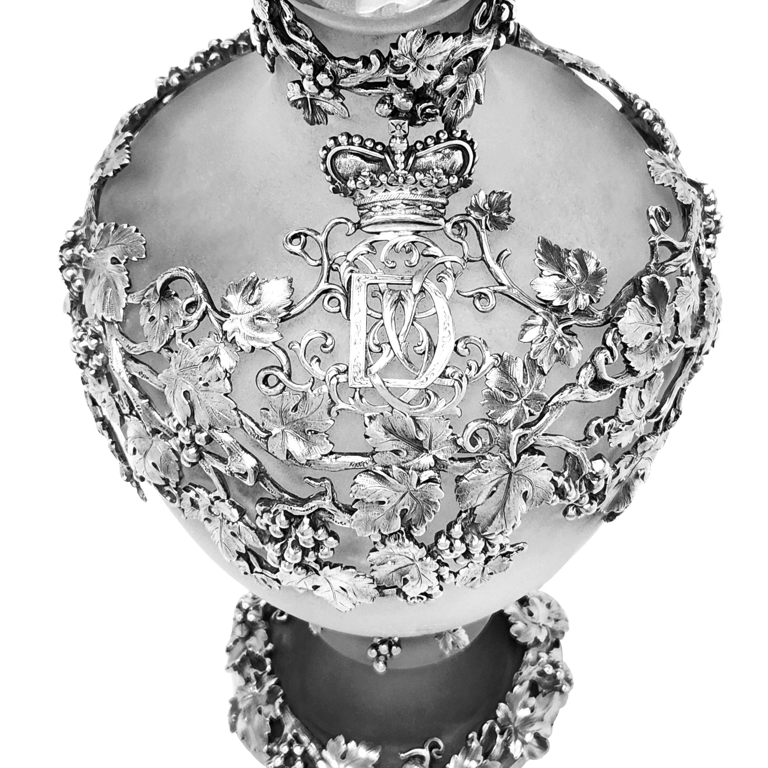 Sterling Silver Large Antique Silver & Glass Claret Jug / Wine Ewer London, England 1843 For Sale