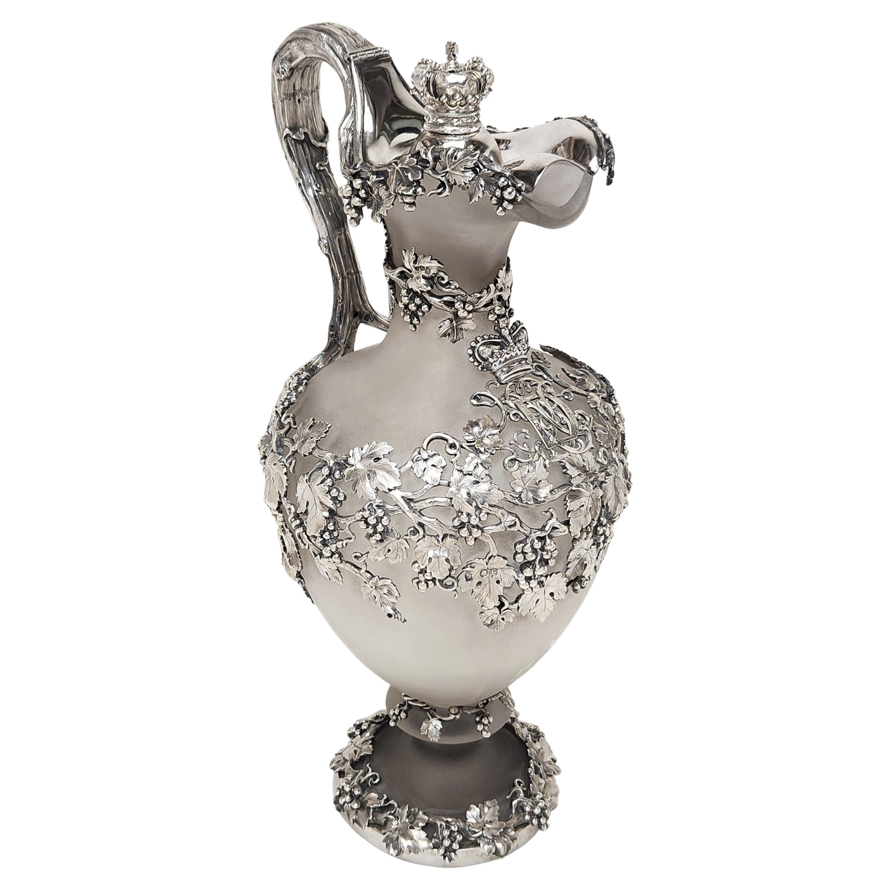 Large Antique Silver & Glass Claret Jug / Wine Ewer London, England 1843 For Sale