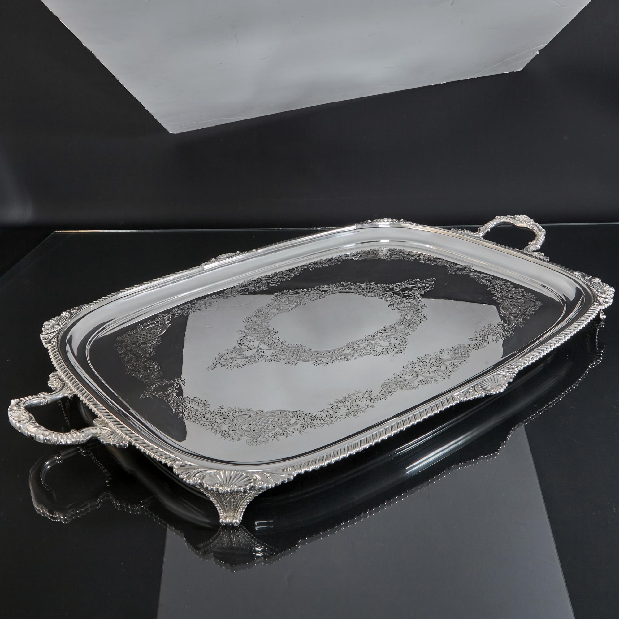 Early 20th Century Large Antique Silver Oblong Tray For Sale