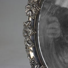 Large Antique Silver Plate Round Serving Tray With Grape & Leaf Border c1890
