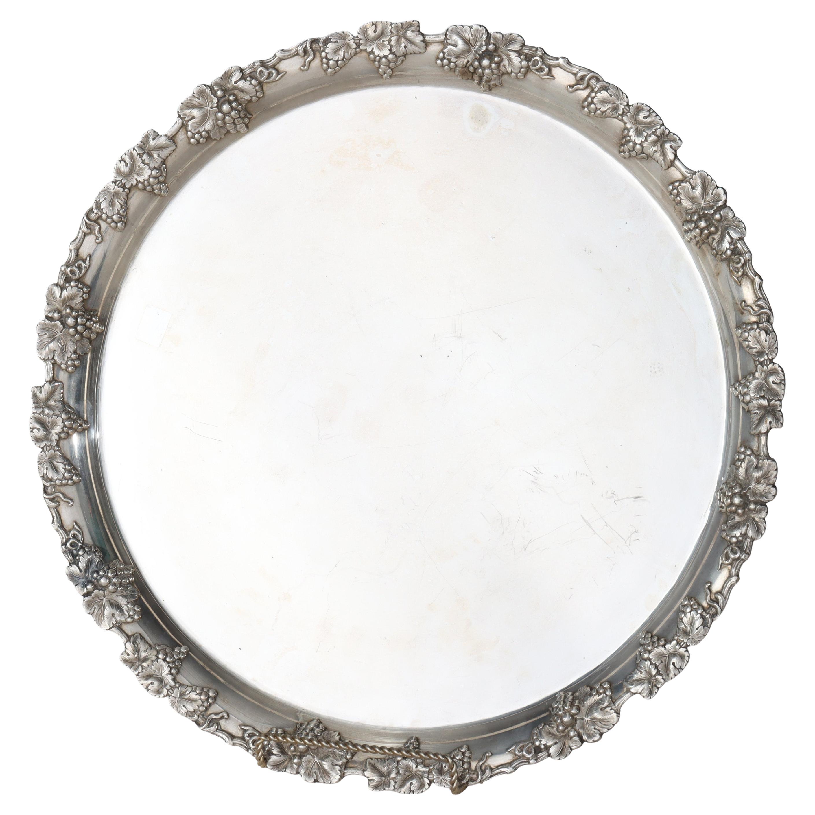 Large Antique Silver Plate Round Serving Tray With Grape & Leaf Border c1890 For Sale