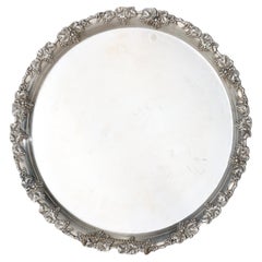 Large Antique Silver Plate Round Serving Tray With Grape & Leaf Border c1890