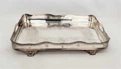 Large Antique Silver Plated Footed Gallery Serving Tray with Floral Engraving