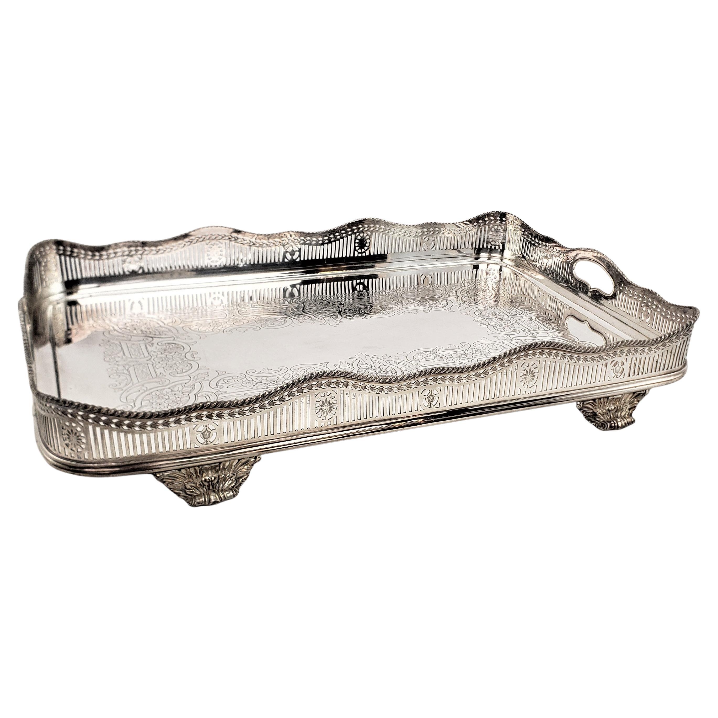Antique Silver Plated Footed Gallery Serving Tray with Ornate Floral Engraving For Sale at 1stDibs