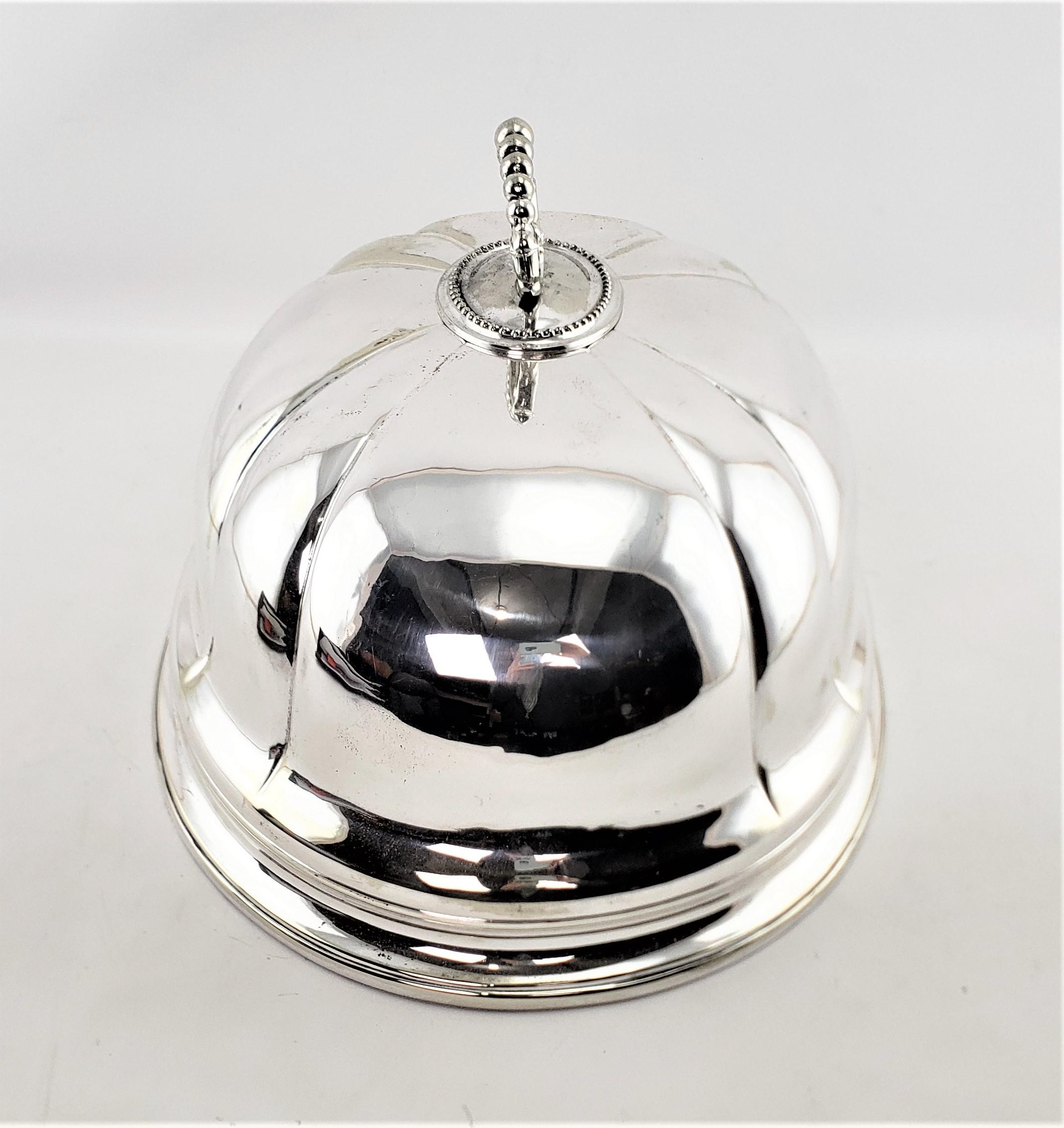 English Large Antique Silver Plated Meat Dome with Scalloped Sides & Beaded Handle