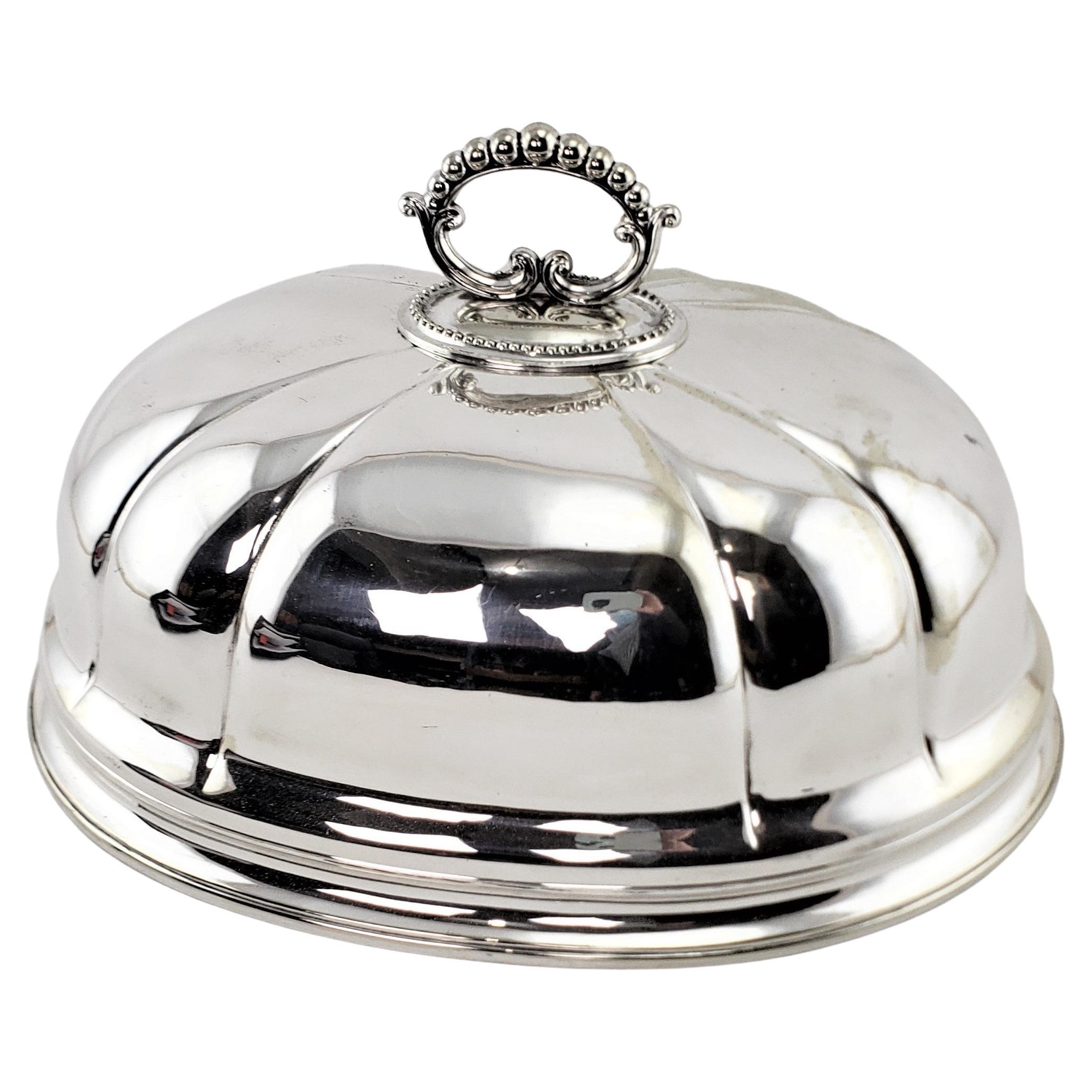 Large Antique Silver Plated Meat Dome with Scalloped Sides & Beaded Handle For Sale