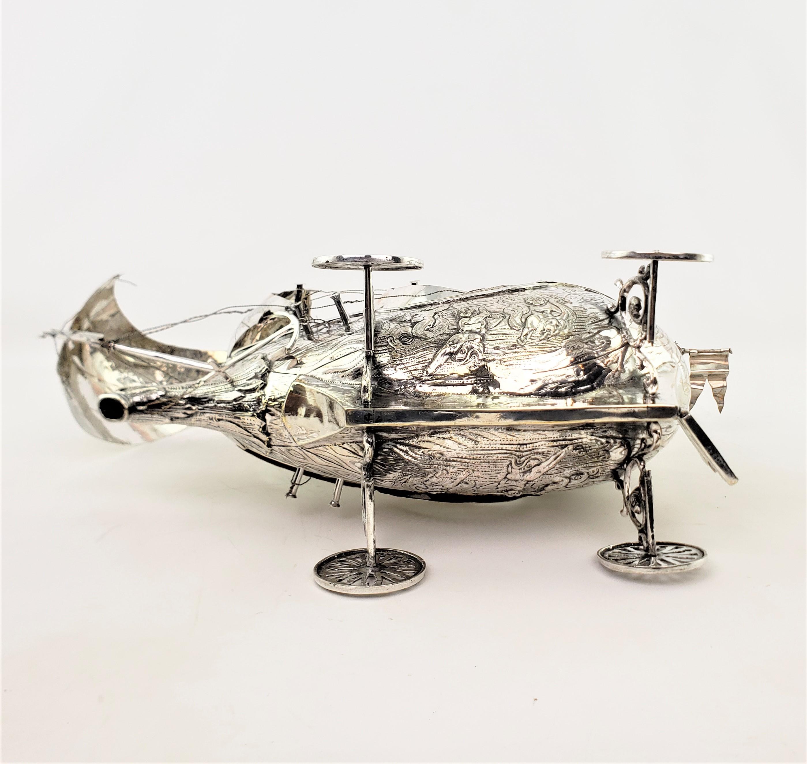 Large Antique Silver Plated Nef or 3 Mast Sailing Ship Sculpture or Centerpiece For Sale 4