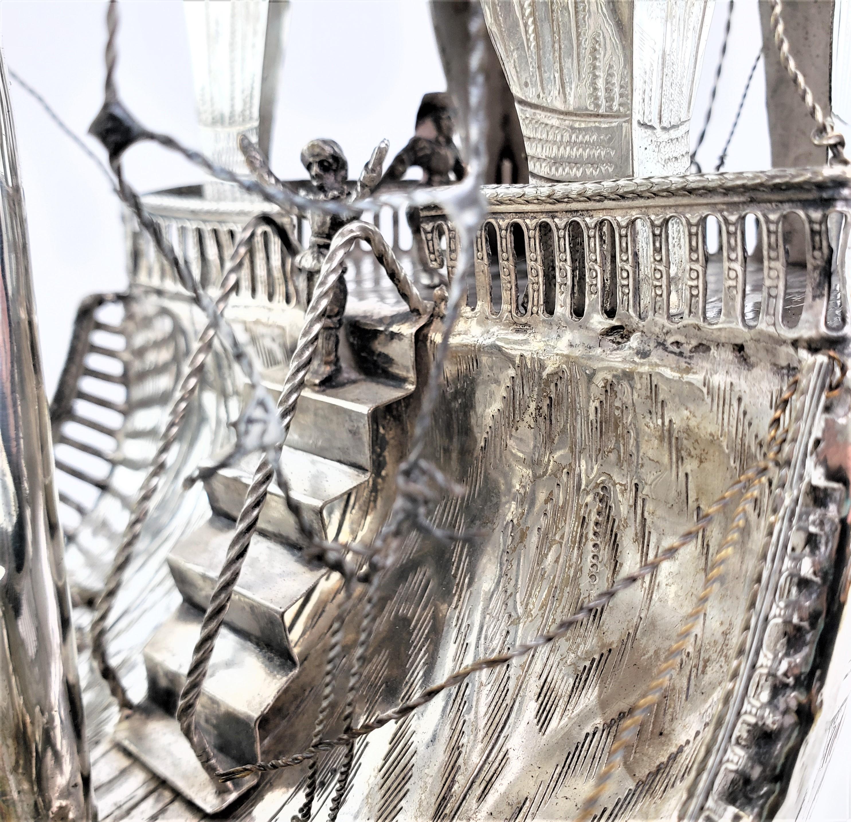 Large Antique Silver Plated Nef or 3 Mast Sailing Ship Sculpture or Centerpiece For Sale 10