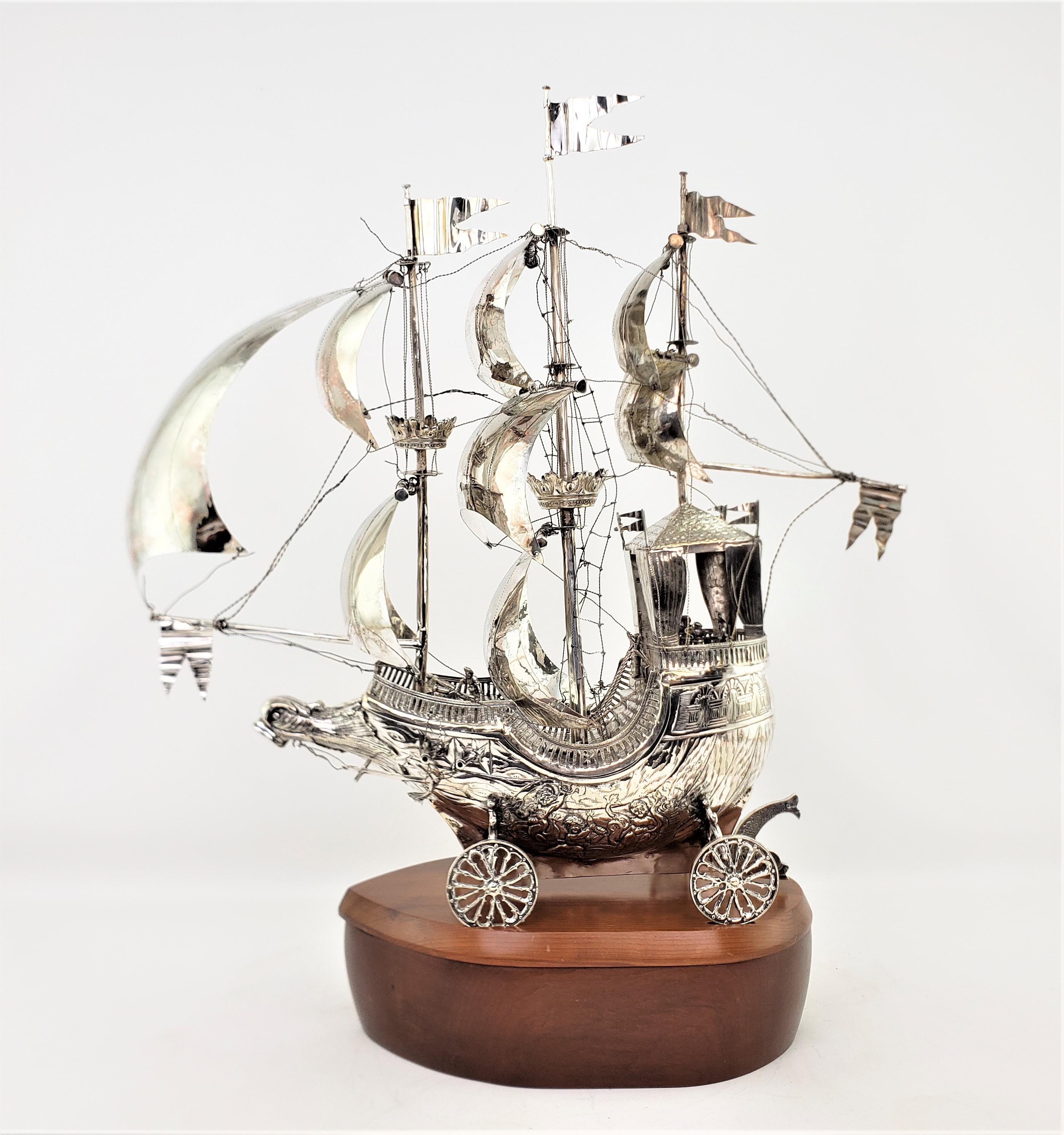 Large Antique Silver Plated Nef or 3 Mast Sailing Ship Sculpture or Centerpiece 12