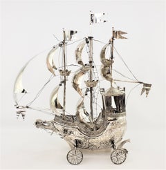 Large Antique Silver Plated Nef or 3 Mast Sailing Ship Sculpture or Centerpiece