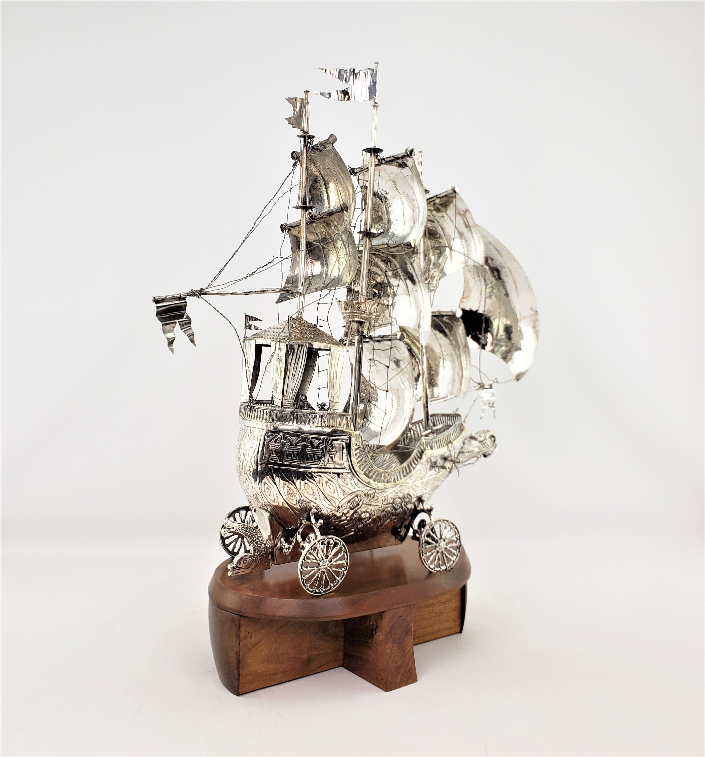 Large Antique Silver Plated Nef or 3 Mast Sailing Ship Sculpture or Centerpiece For Sale 13