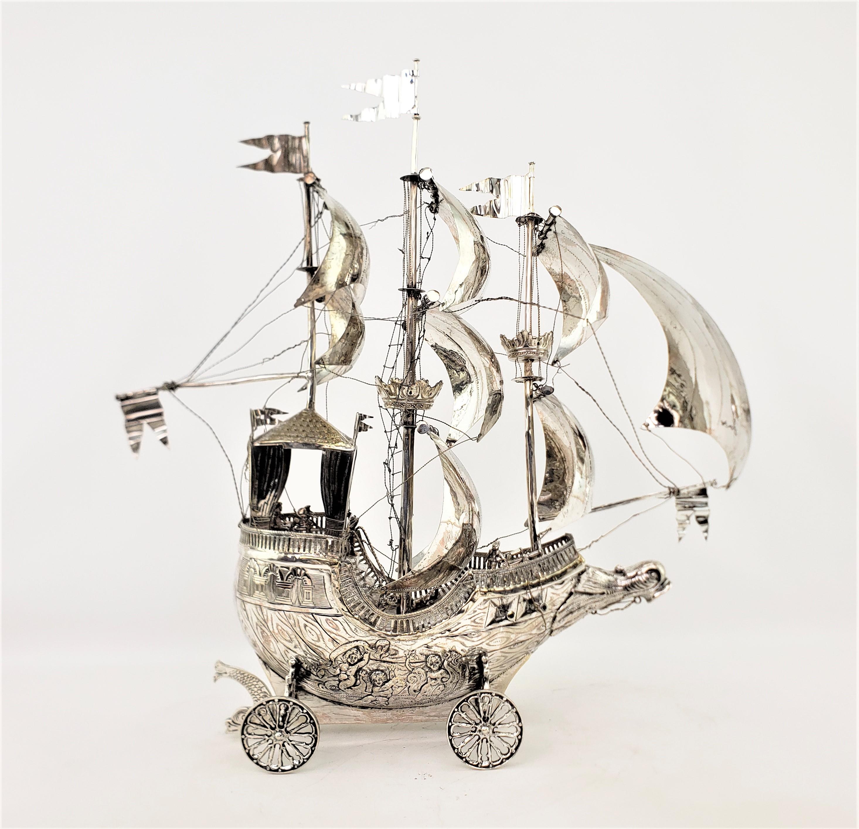 20th Century Large Antique Silver Plated Nef or 3 Mast Sailing Ship Sculpture or Centerpiece For Sale