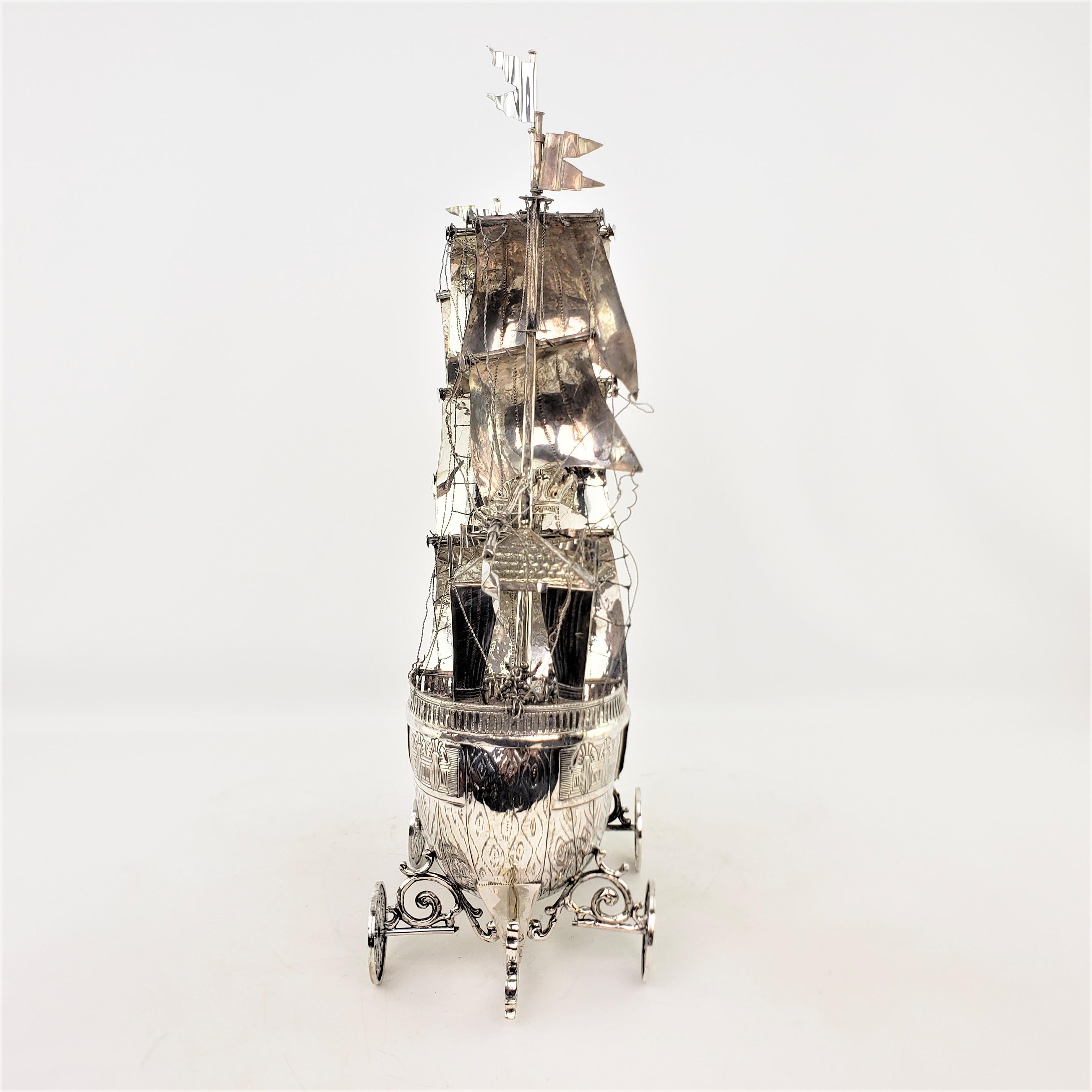 Large Antique Silver Plated Nef or 3 Mast Sailing Ship Sculpture or Centerpiece For Sale 2