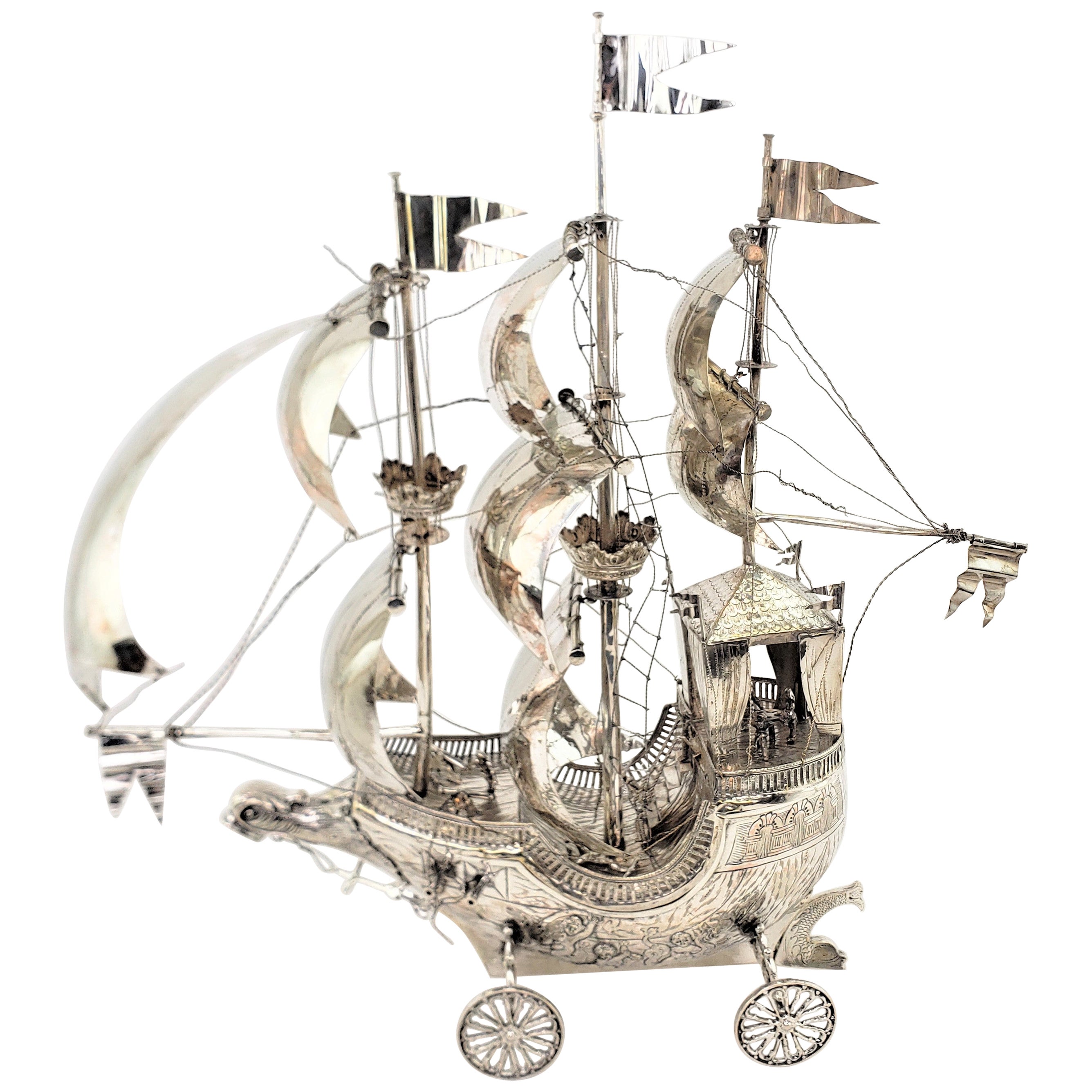 Large Antique Silver Plated Nef or 3 Mast Sailing Ship Sculpture or Centerpiece